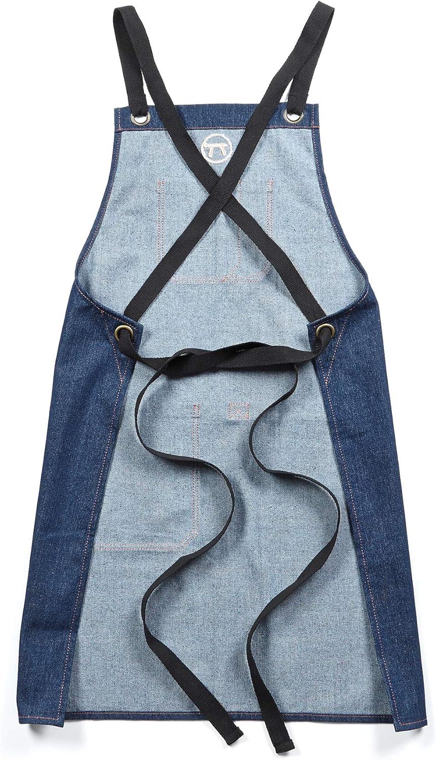 Outset Leather BBQ and Kitchen Apron, Men's and Women's, Blue Denim, Cross Back