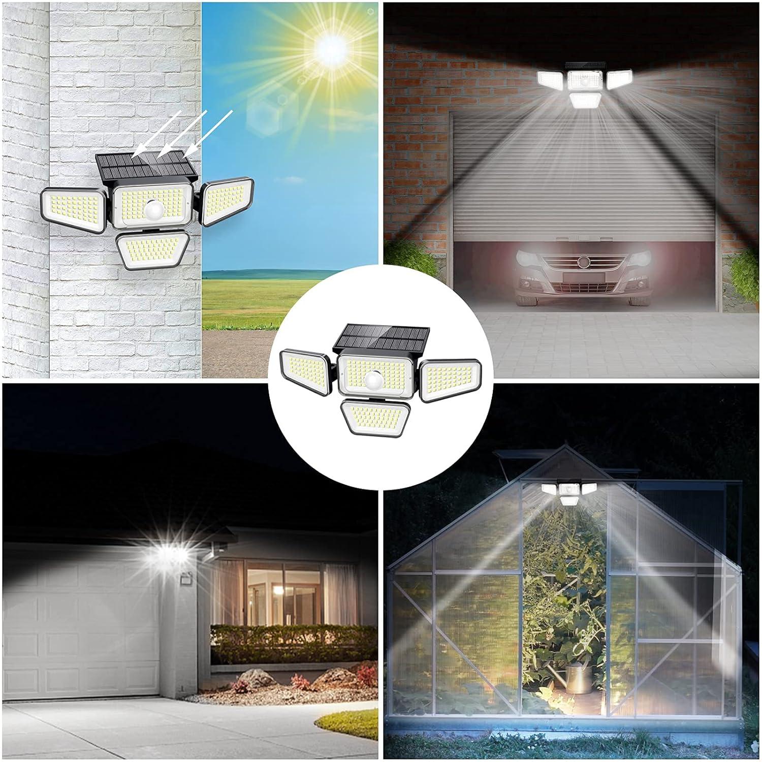 Solar Lights Outdoor, 270 LED 3000LM Motion Sensor Light, IP65 Waterproof 4 Heads 3 Modes 330°Wide Angle 6500K Solar Powered Security LED Wireless Flood Lights Luces Solares para Exteriores (2 Pack)