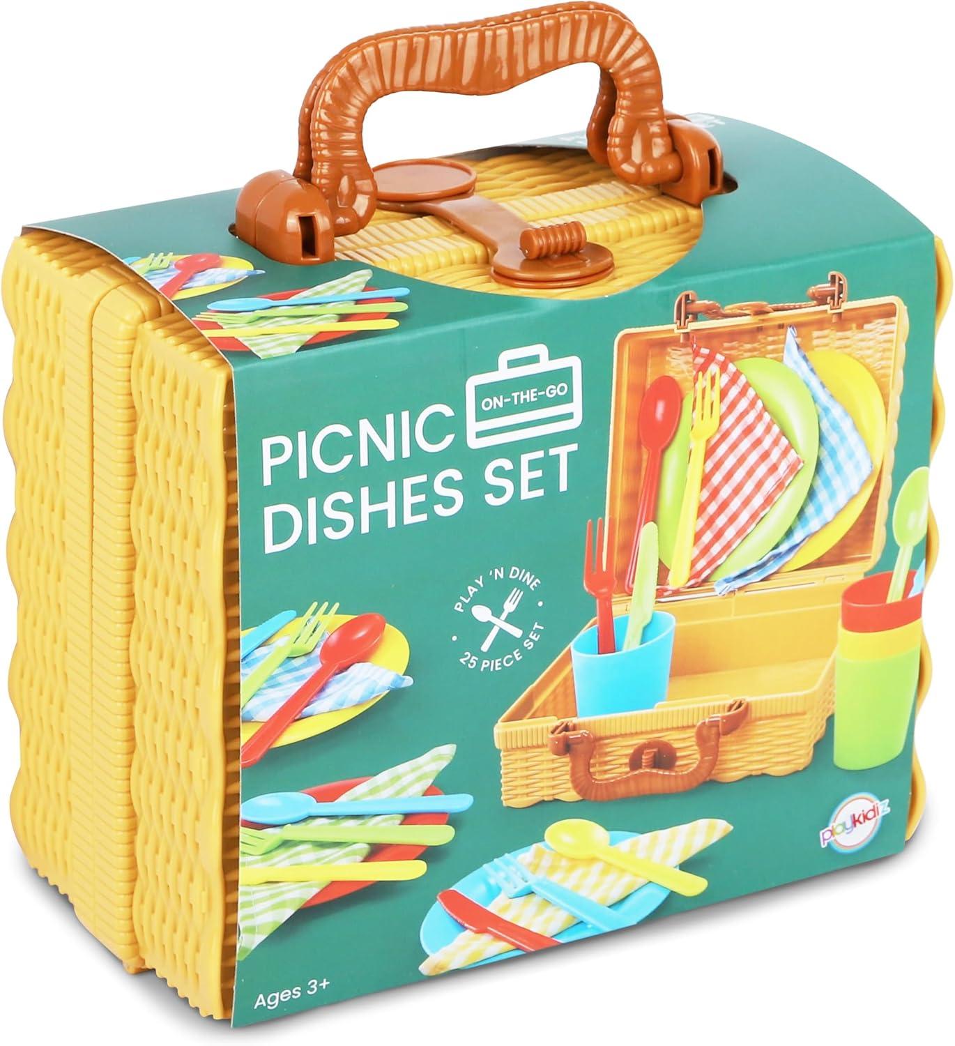 Playkidiz 25 Piece Kids Picnic Basket Toy Dishes