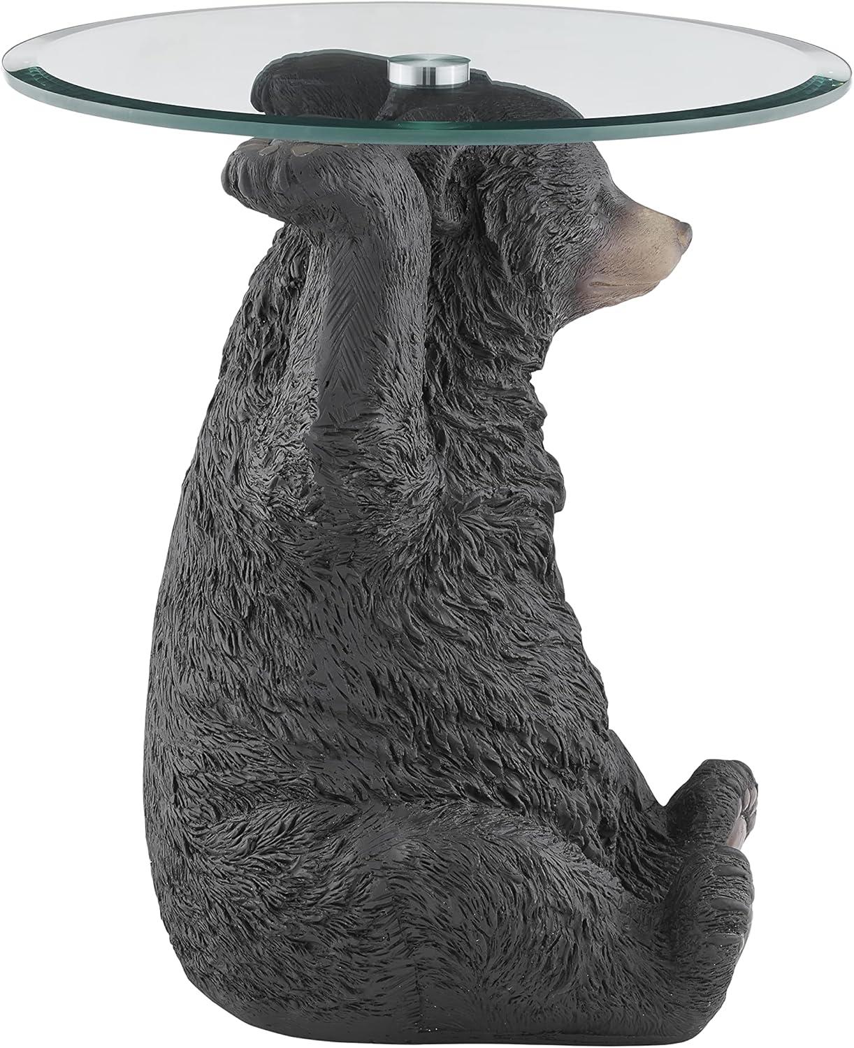 Linon Barney Bear Resin Accent Table Glass Top with Beveled Edge in Dark Brown