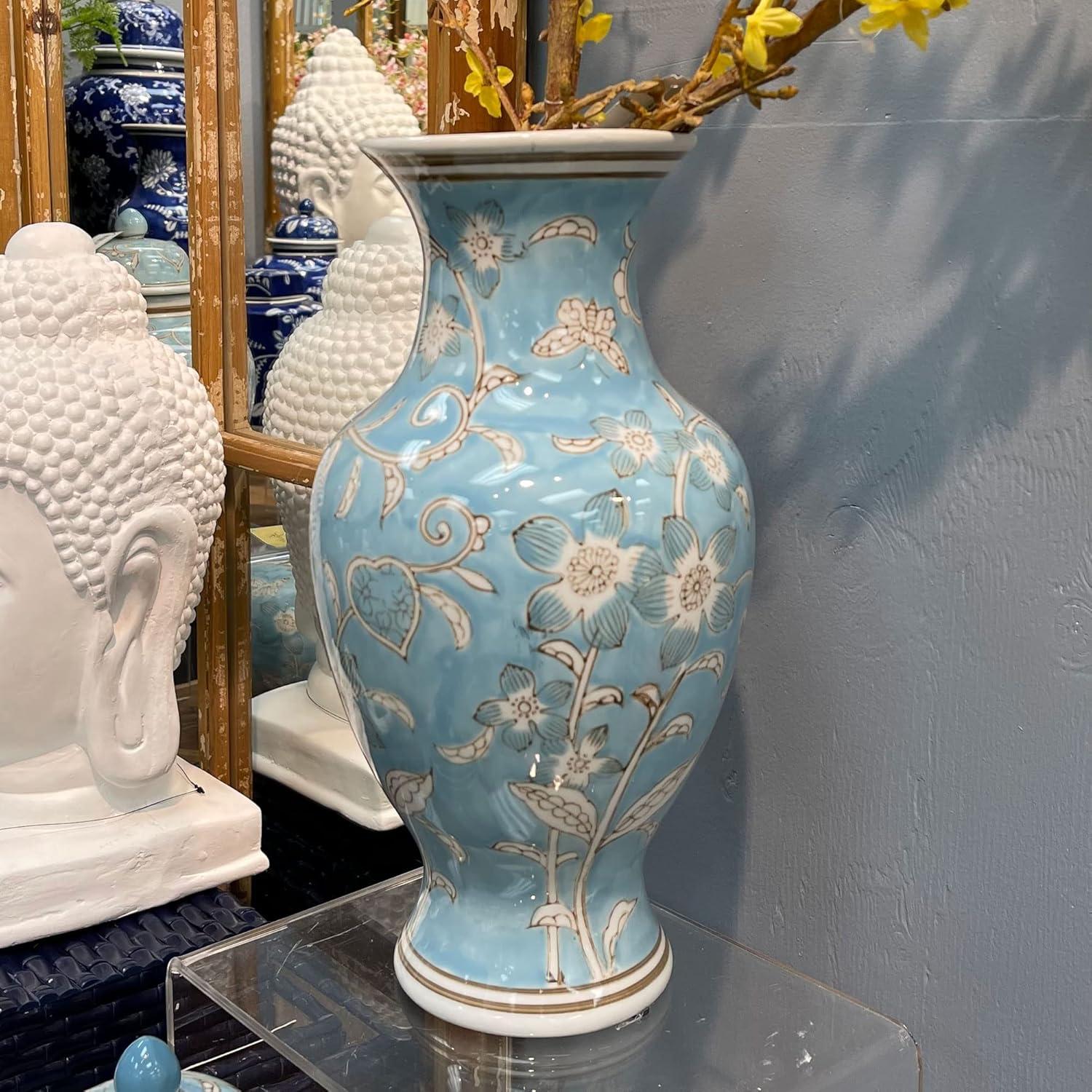 Light Blue and White Floral Chinoiserie Ceramic Vase 14"