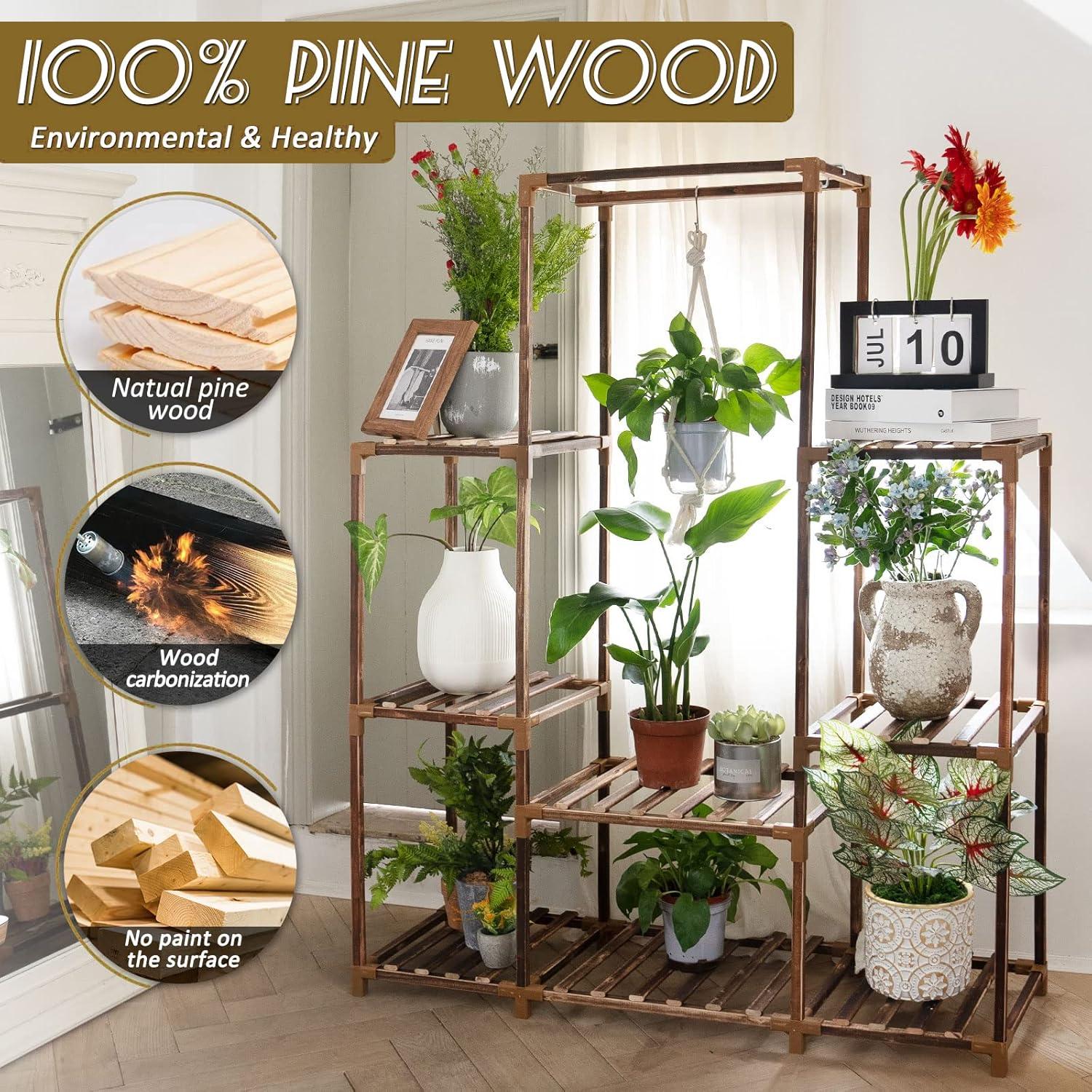 Tall Brown Pine Wood 8-Tier Indoor/Outdoor Plant Stand