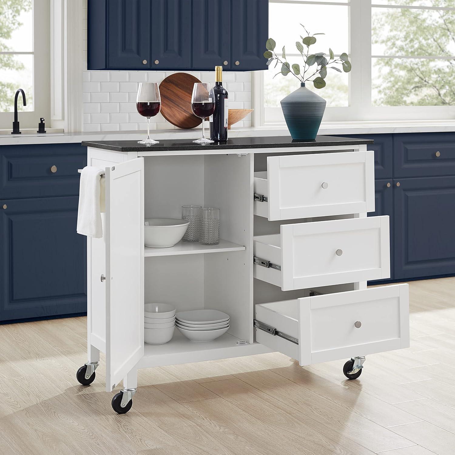 Crosley Soren Granite Top Kitchen Island/Cart Black/White: Traditional Style with Caster Wheels, Storage & Assembly Tools Provided