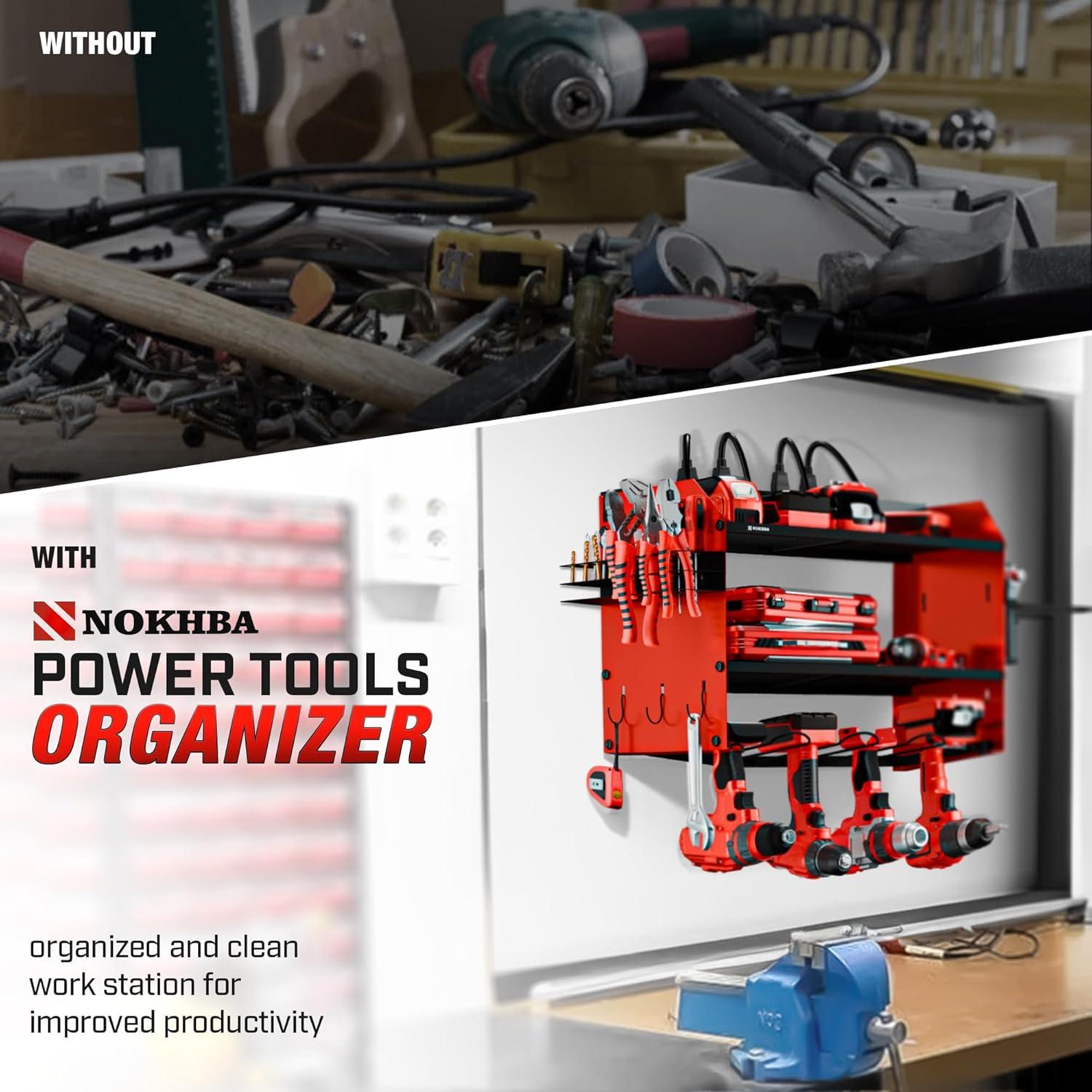 Modular Power Tool Organizer Wall Mount and Tool Charging Station. Garage 4 Drill Storage Shelf with Hooks, Heavy Duty Drill Holder Wall Mount, Tool Battery Holder Built in 8 Outlet Power Strip