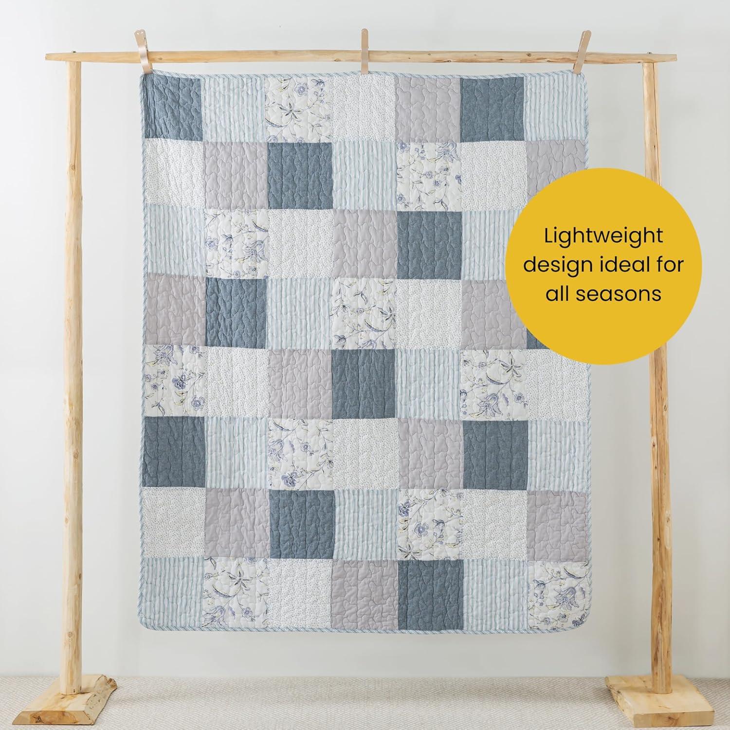 SLPR Cotton Quilted Throw Blanket, 50" x 60" Floral Farmhouse Patchwork Quilt, Shabby Chic Patchwork Throw Lap Quilt for Couch, Coastal Dream
