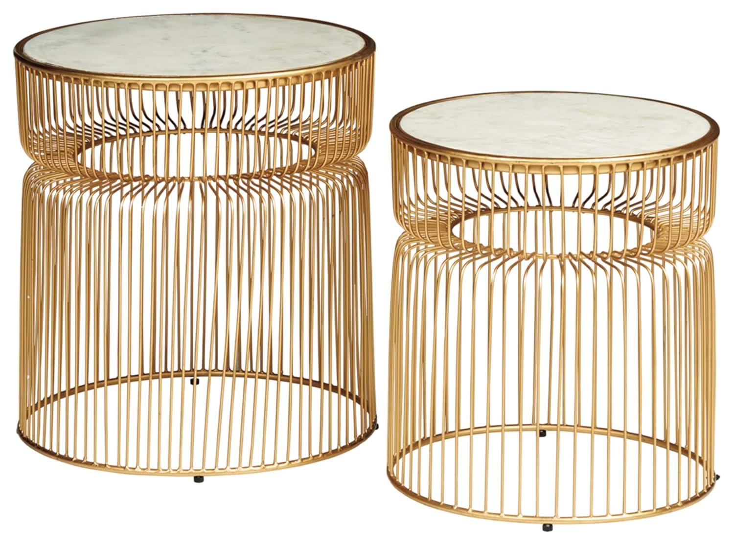 Set of 2 Vernway Side Tables White/Gold - Signature Design by Ashley: Marble Top, Contemporary Living Room Furniture Set