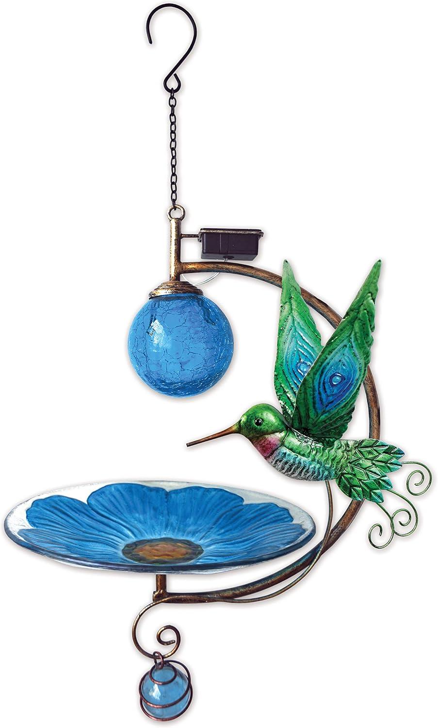 Blue Glass and Metal Hanging Hummingbird Solar Bird Feeder