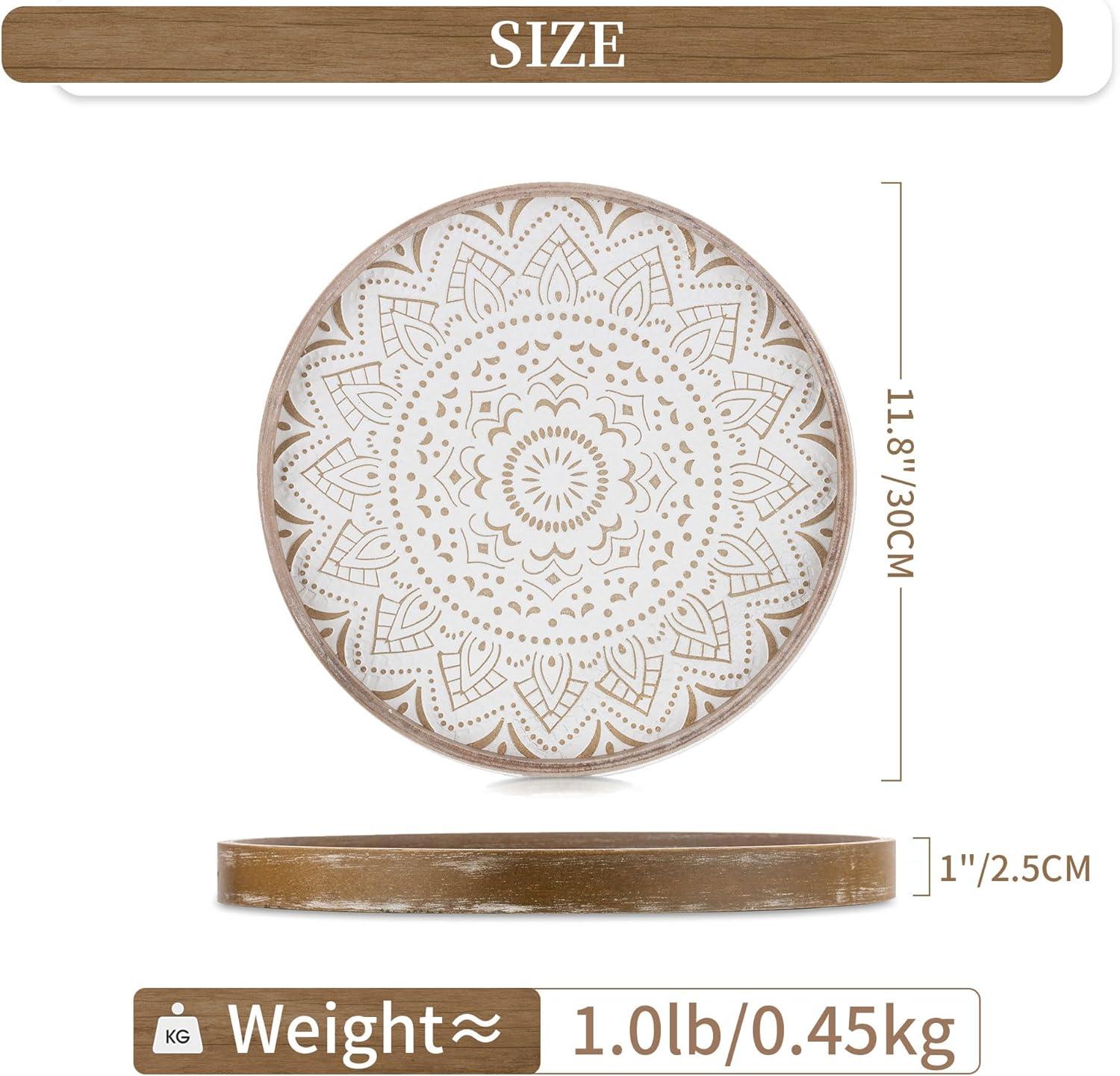 Rustic White and Brown 12" Round Wood Tray with Floral Pattern