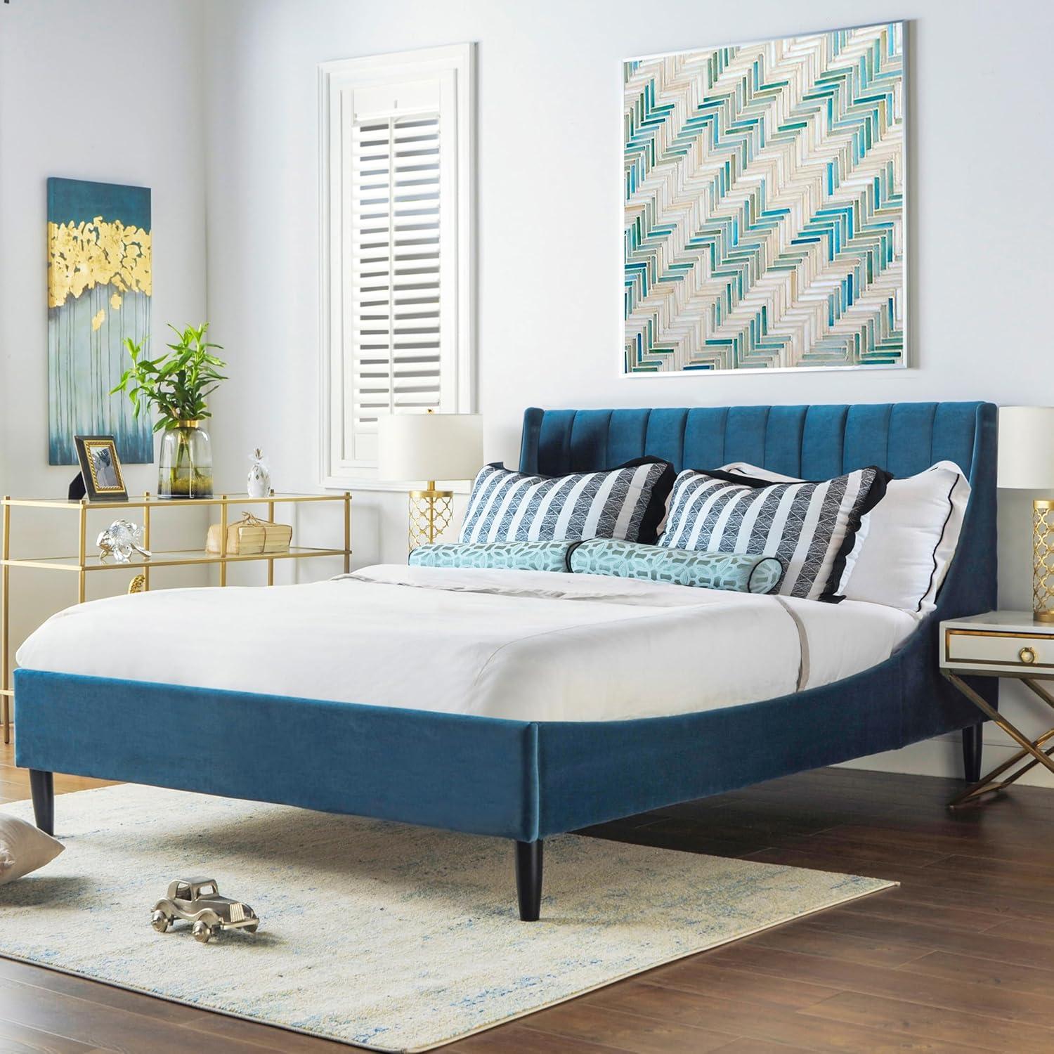 Sandy Wilson Home Aspen Tufted Headboard Platform Bed Queen Satin Teal Velvet