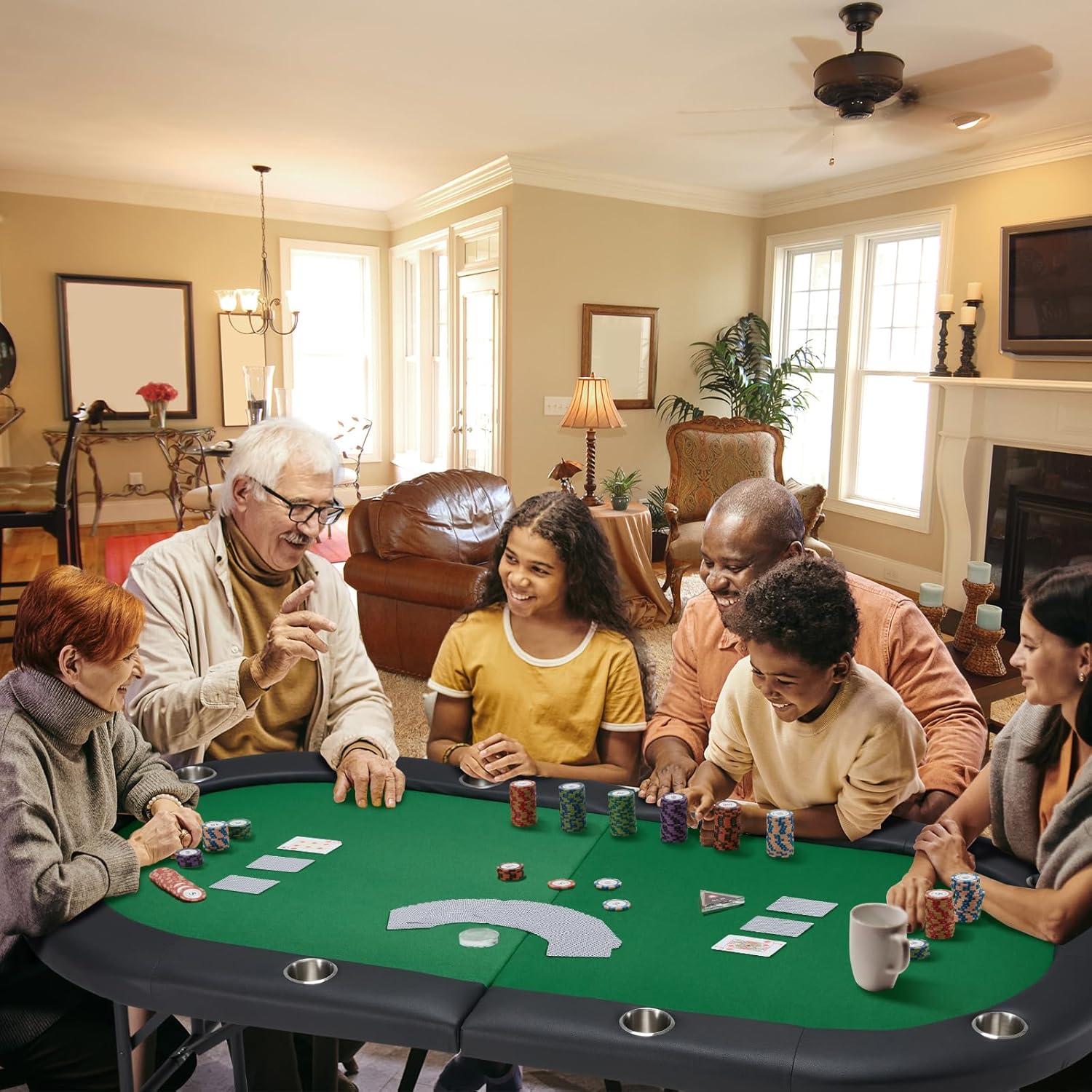 Folding Poker Table for 8 Players, Card Table with Cup Holder, Casino Leisure Table with Green Felt Surface for Blackjack Board Games