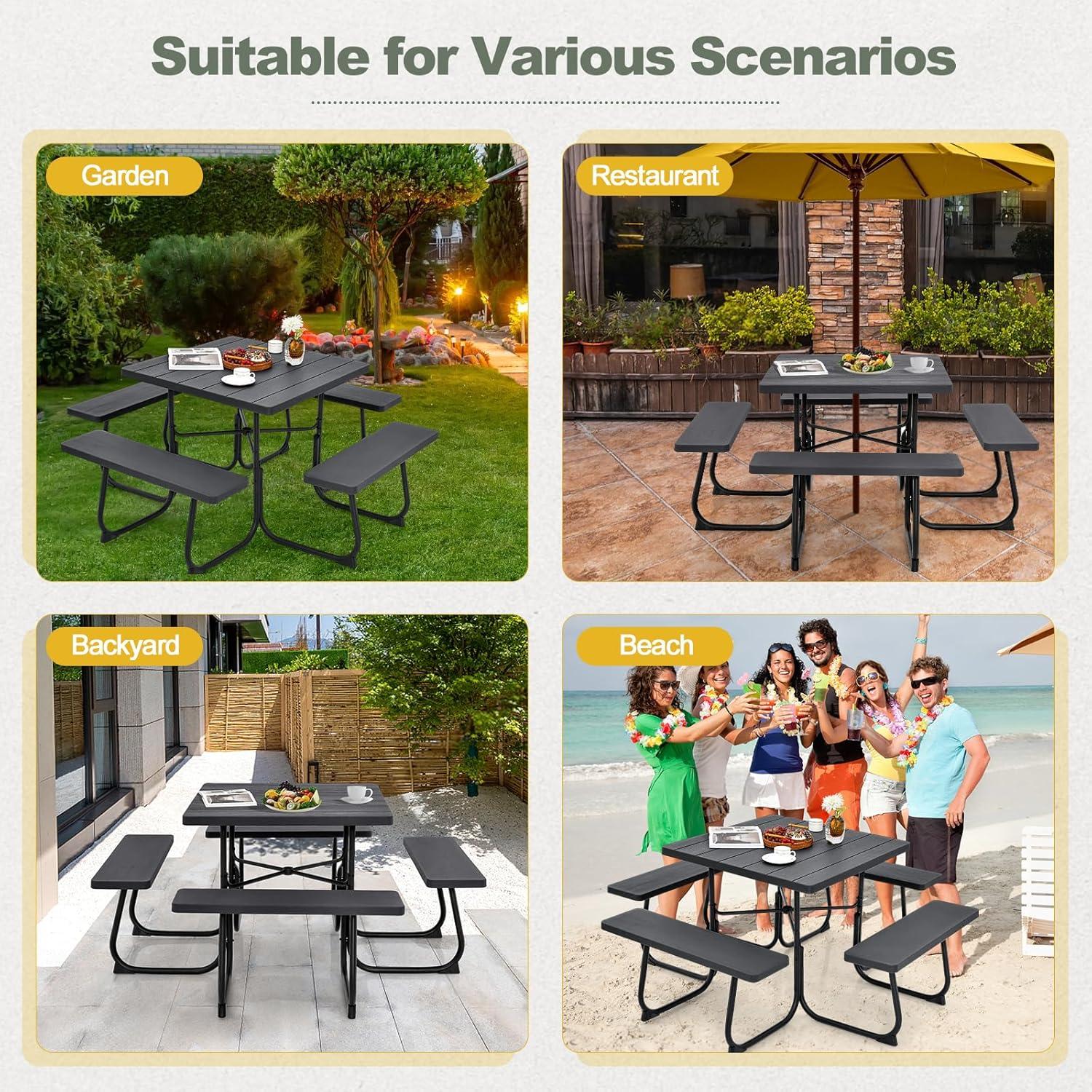 Costway Outdoor 8-person Square Picnic Table Bench Set with 4 Benches & Umbrella Hole Black