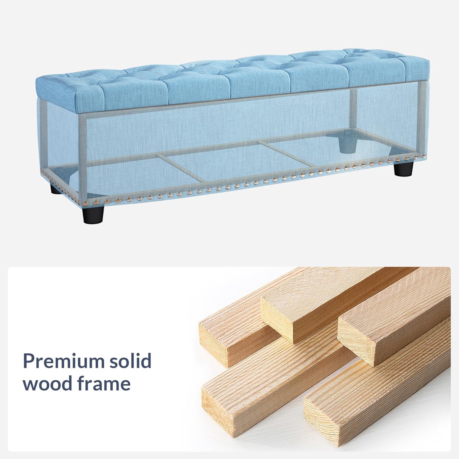 BELLEZE Button-Tufted Linen Storage Ottoman Bench - Brentwood (Blue)