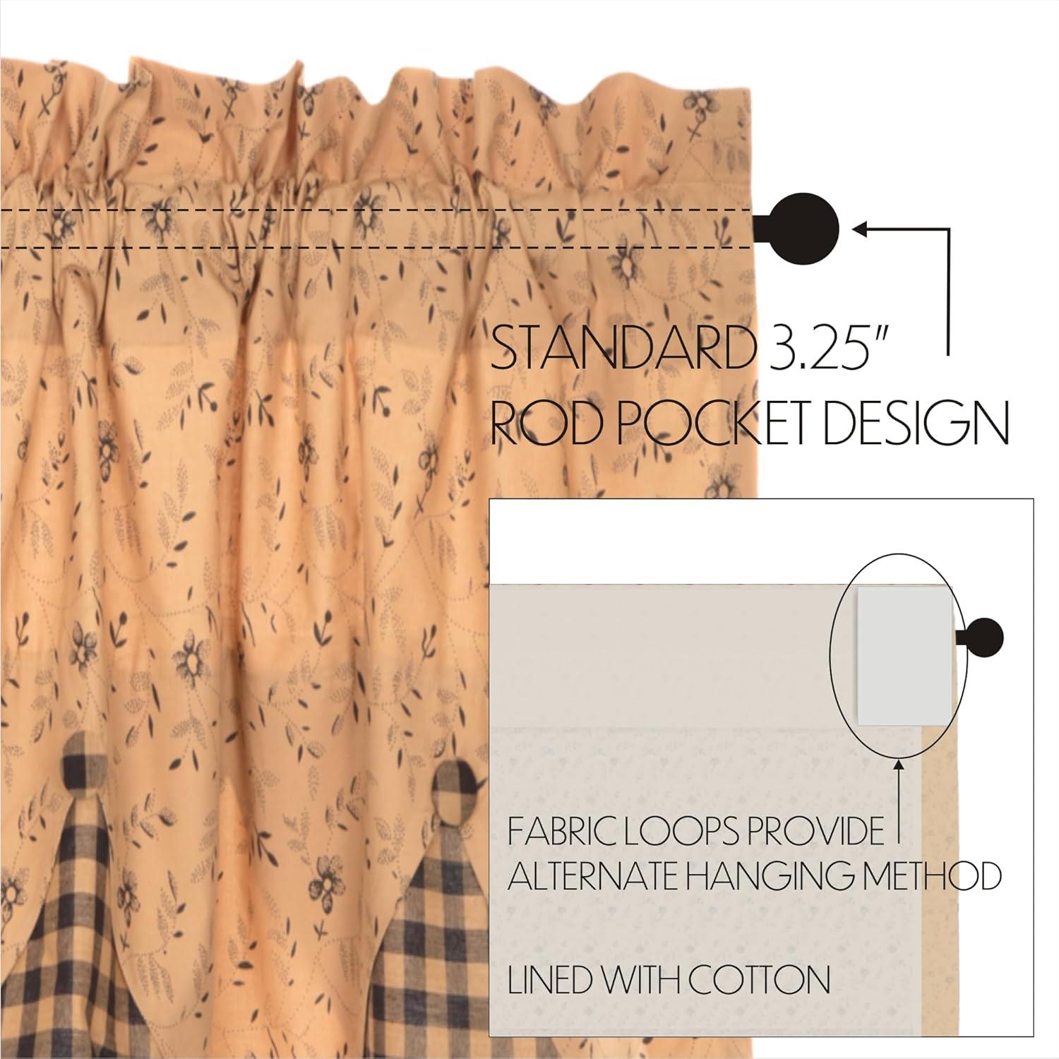 VHC Brands Maisie Primitive 18"x60" Valance Tan Rod Pocket Buttons Cotton Floral/Flower Hanging Loops Kitchen Window Curtains