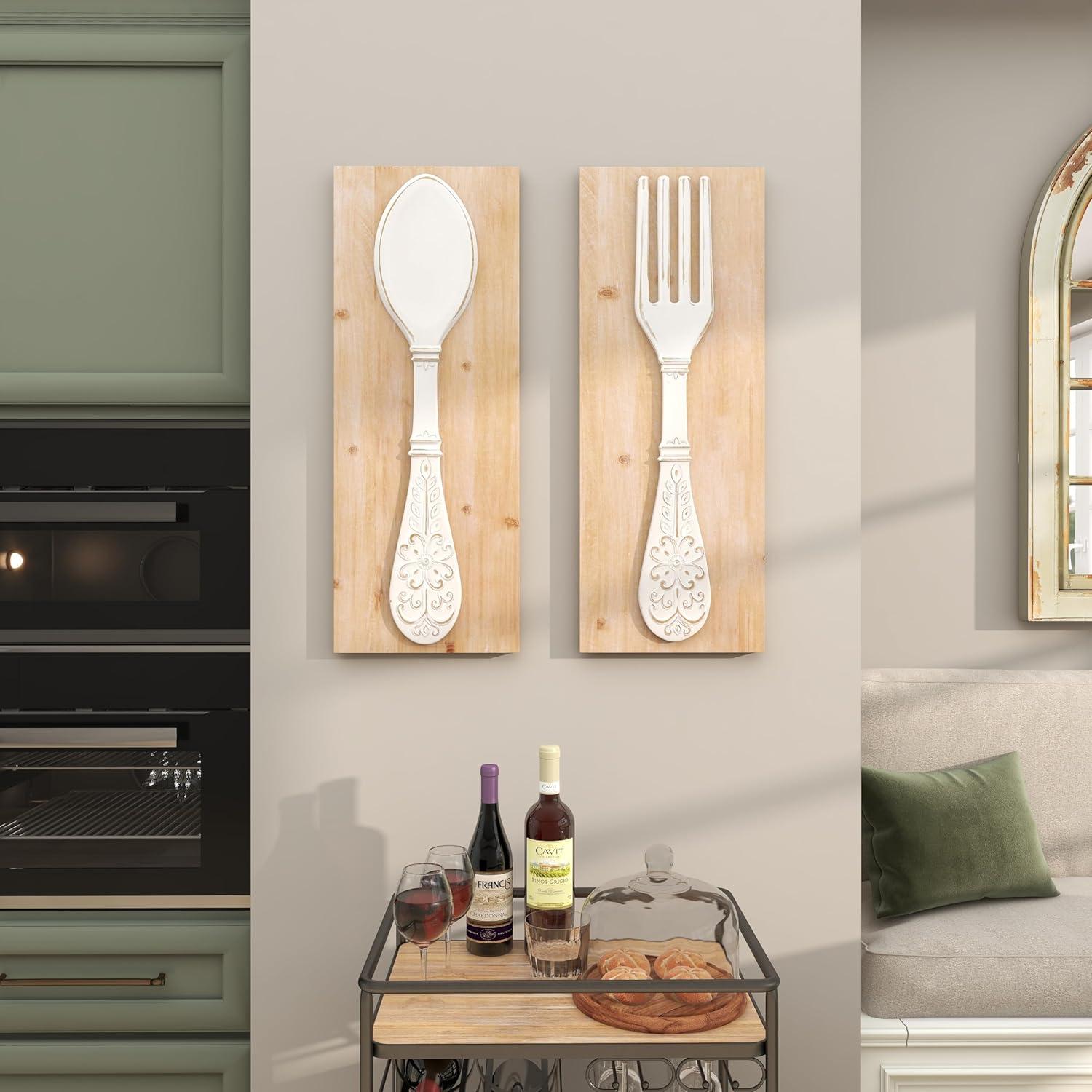 DecMode Brown Wooden Utensils Wall Decor with Carved White Floral Designs (2 Count)