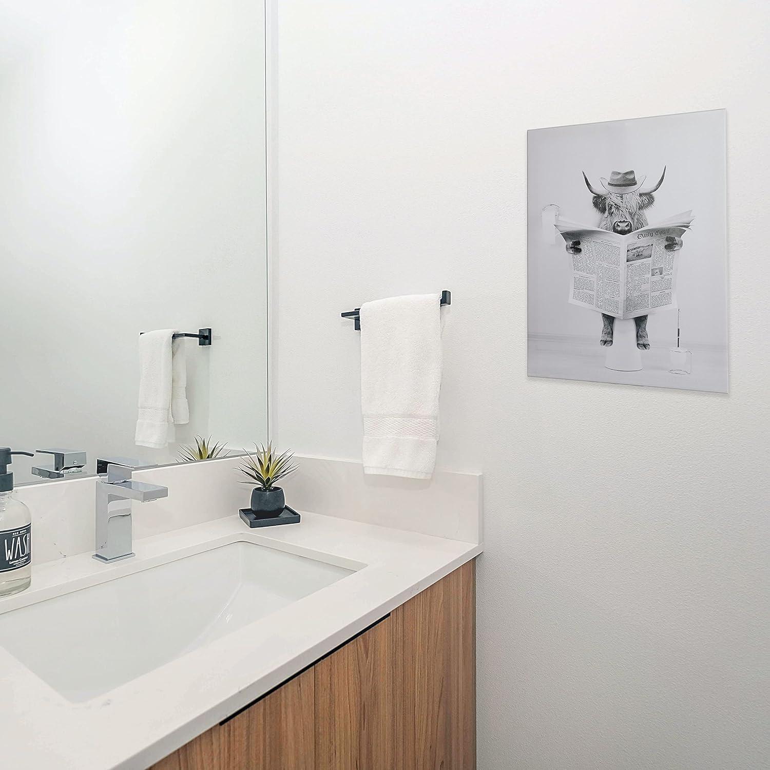 Modern Black Framed Highland Cow Wall Art Minimalist Bathroom Wall Decor Cute Funny Animals Artwork Canvas Prints Ready to Hang for Guest Bathroom, Hotel, Condo, Kids Bathroom, 12”x16”