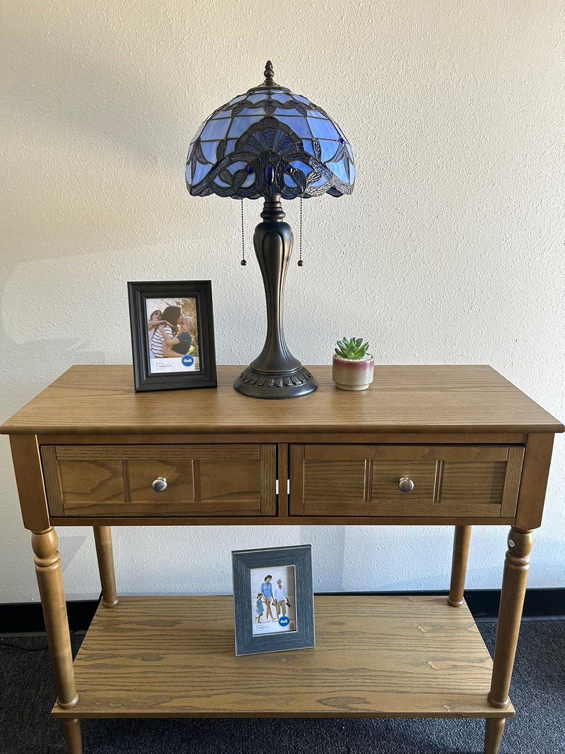 Tiffany Table Lamp Blue Stained Glass Baroque Style Lavender LED Bulbs Included for Living Room Dining Room Bedroom 12"W*12"D*22"H