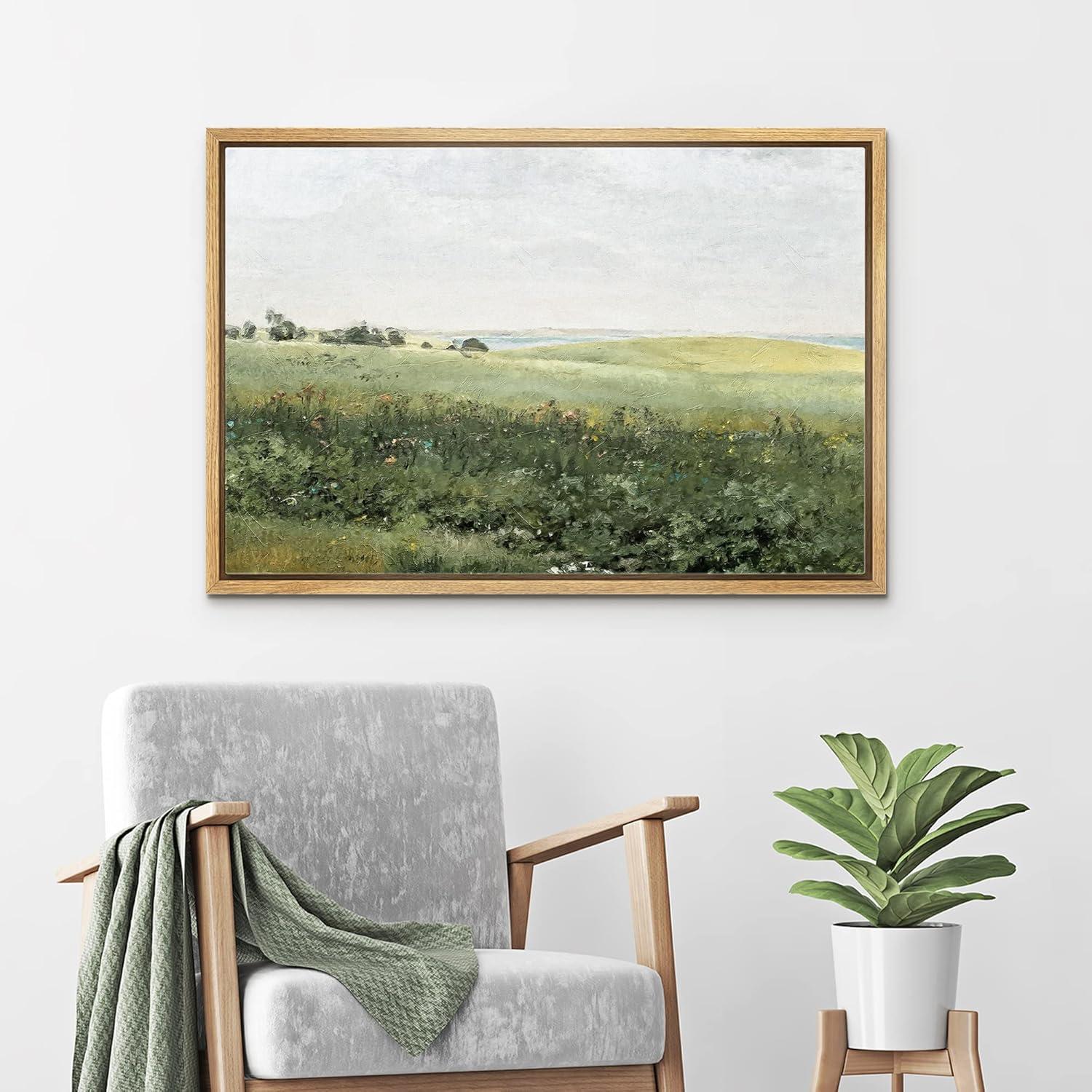 Green Meadow Hillside Wildflowers Field Nature Landscape Wall Art Framed On Canvas Painting Print