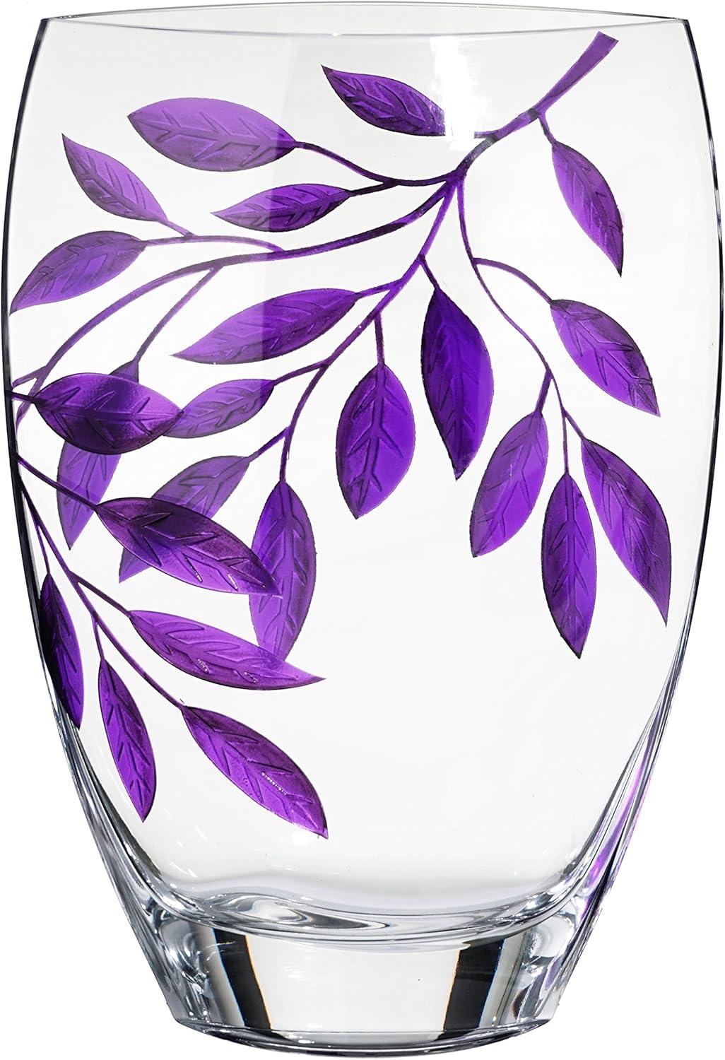 Large Clear Glass Vase with Purple Leaves Design