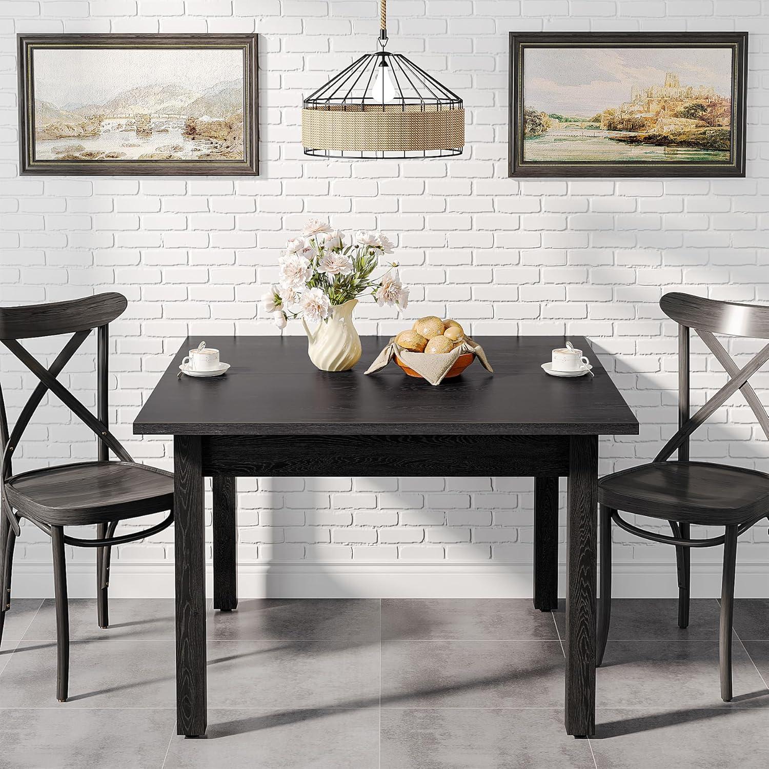 Pure Black Square Dining Table with Solid Wood Legs