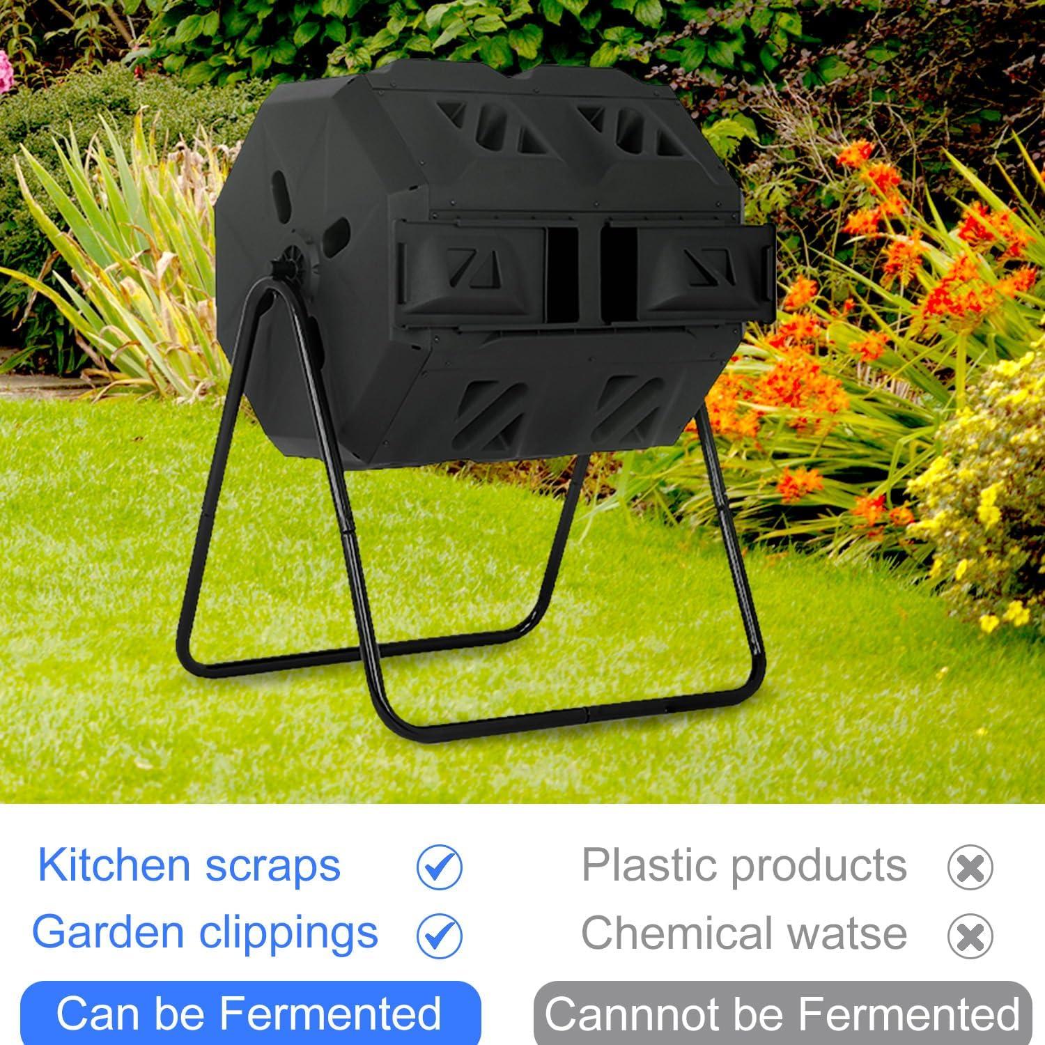 CL.HPAHKL Outdoor Compost Bin, 43 Gallon Dual Tumbling Composter Rotating Composting Bin Compost Tumbler for Garden Patio Kitchen Yard, Black Door