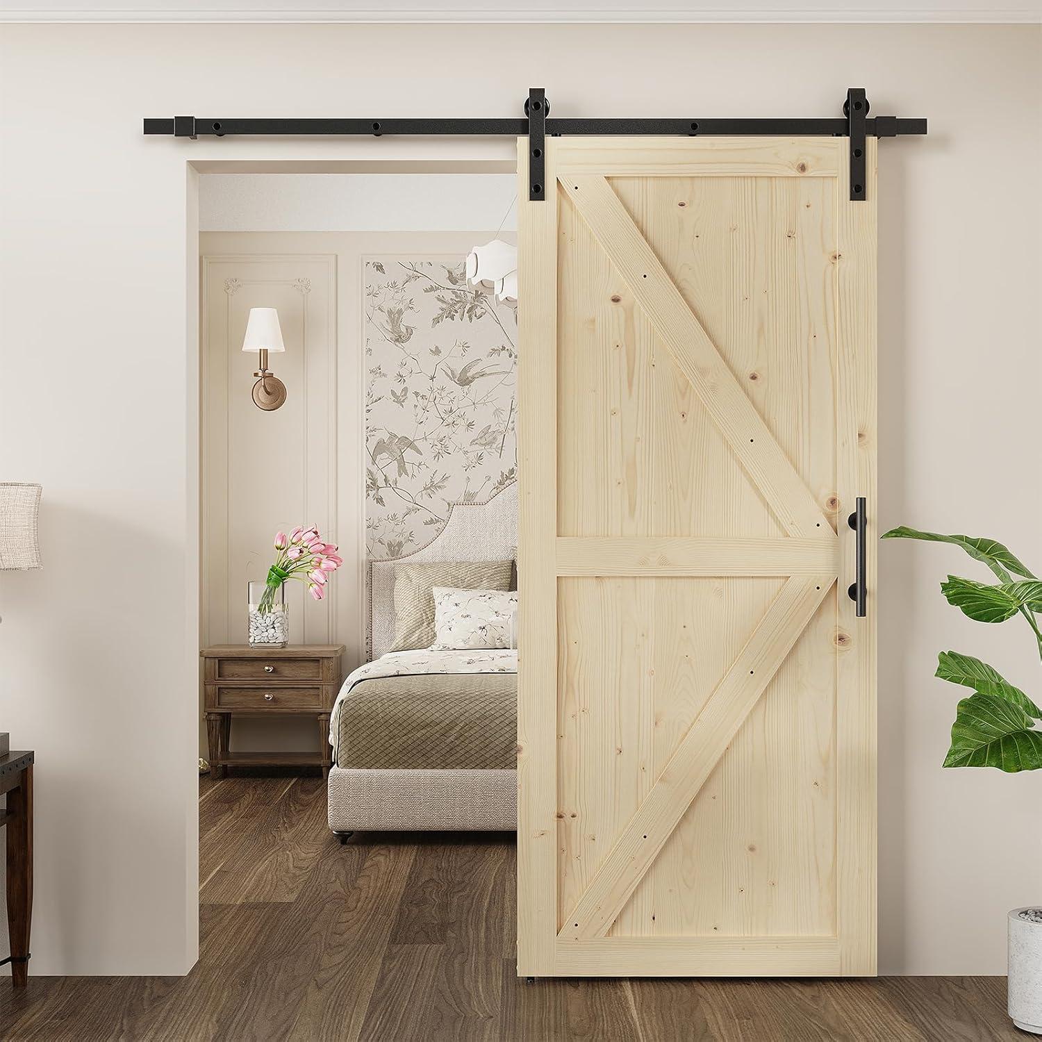 30" x 84" Natural Spruce Sliding Barn Door with Black Hardware Kit