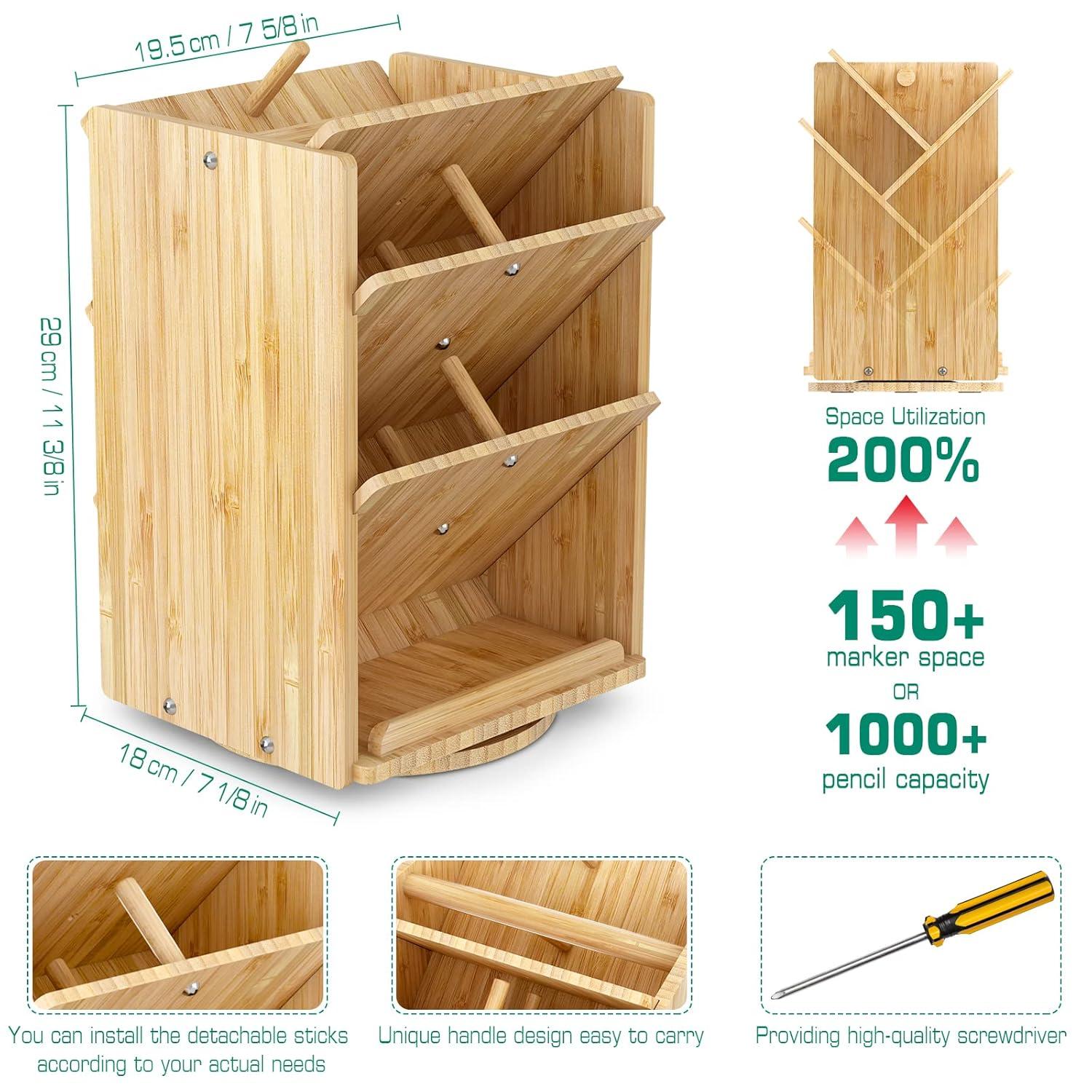 Bamboo Desk Organizer Storage Accessories - Ultra-large 13 compartments, 1000+ Pencil Holder Capacity, Easy DIY Assembly, Rotating Desktop Organizer, Cosmetics, and Office Supplies