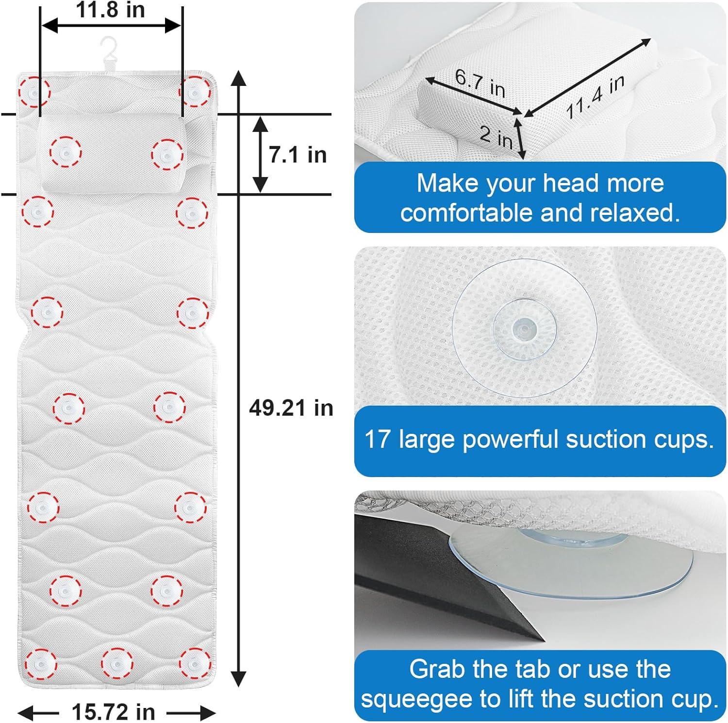 Full Body White Polyester Spa Bath Pillow with Suction Cups