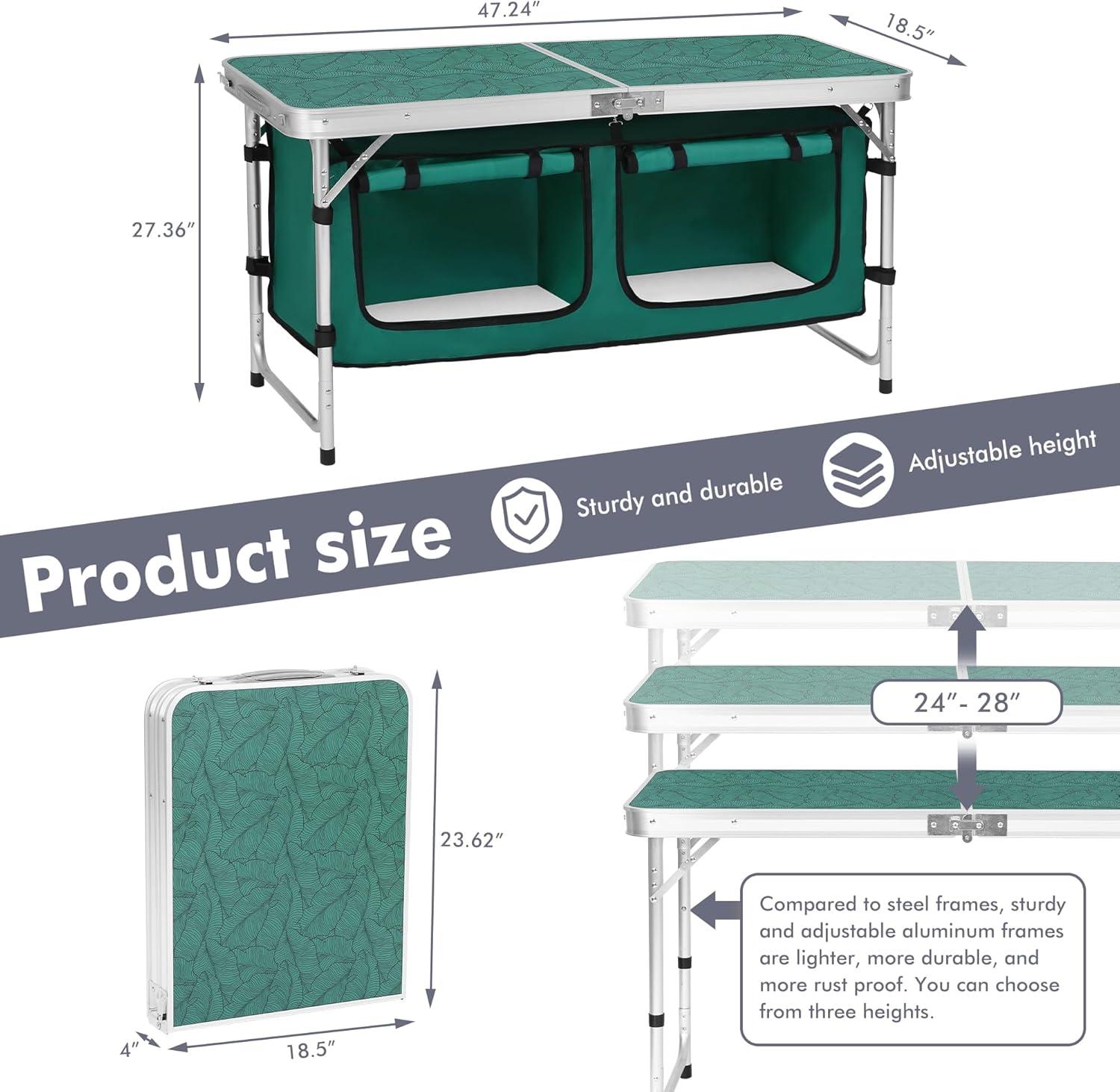 Green Aluminum Folding Camping Table with Adjustable Legs