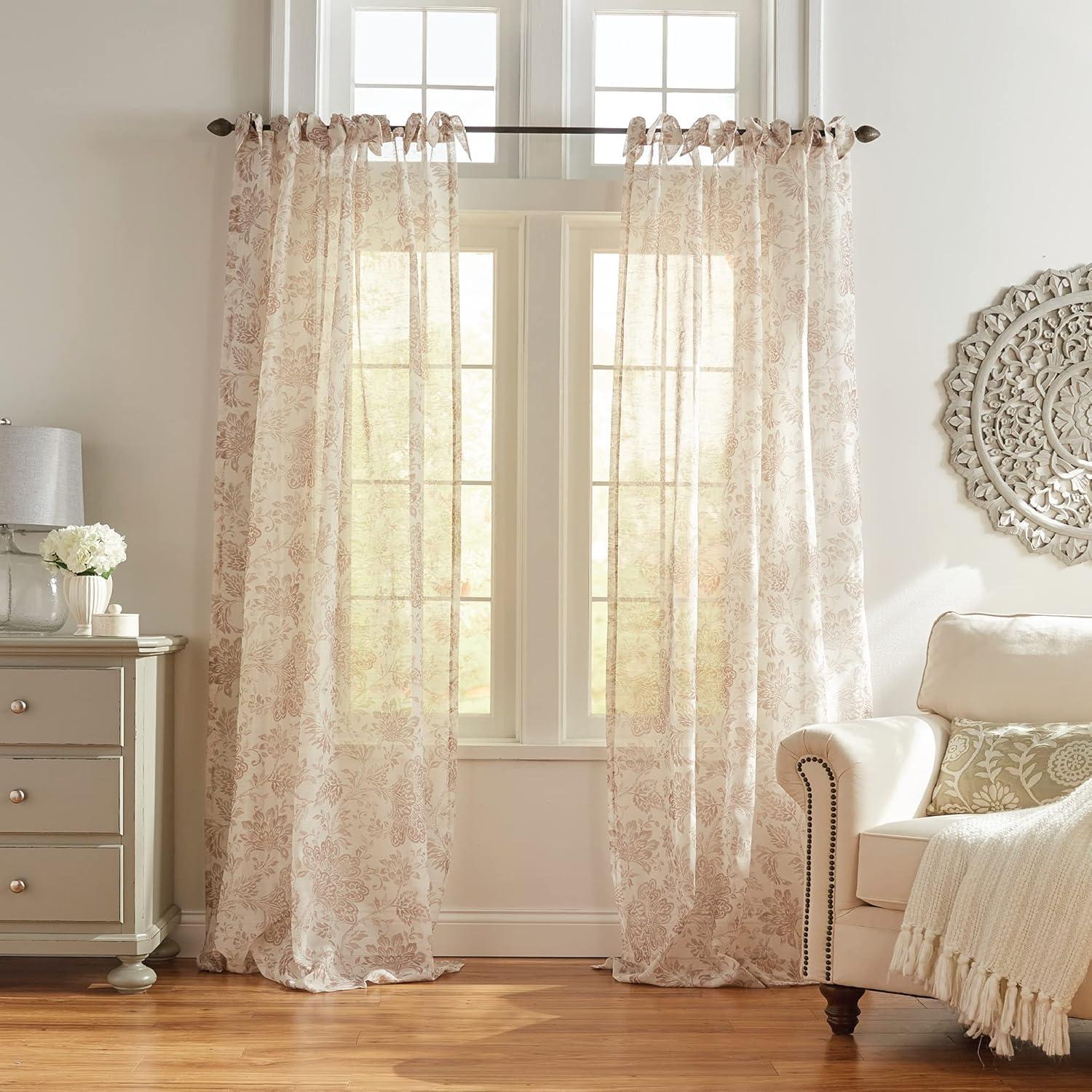 Westport Floral Tie-Top Cottagecore Sheer Single Window Curtain Panel - 52" x 95" - Flax - Elrene Home Fashions