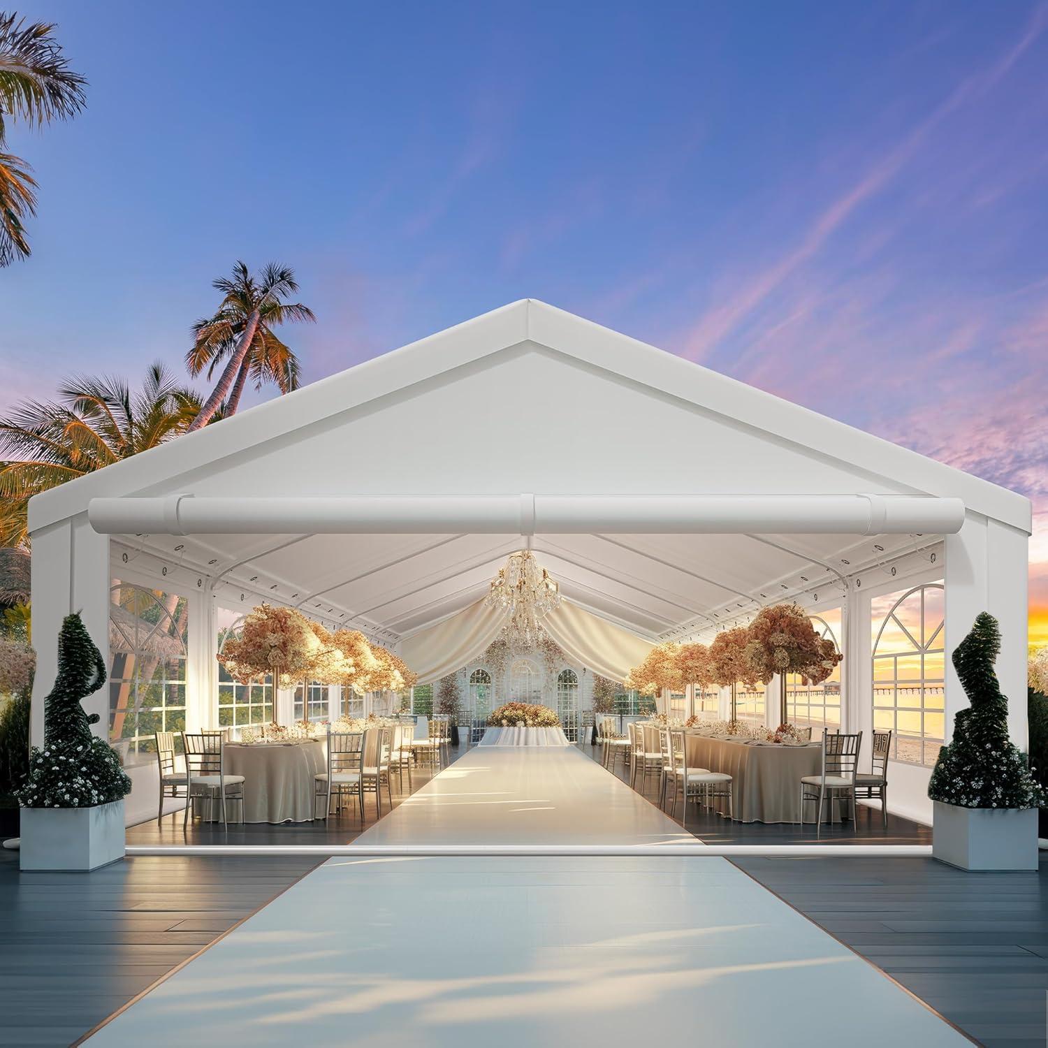 Dextrus 16x32FT Party Tent Heavy Duty PVC Wedding Event Shelters White Upgraded Galvanized Ripple Canopy with Large Roof Removable Sidewalls & 3 Storage Bags 600D Oxford Commercial