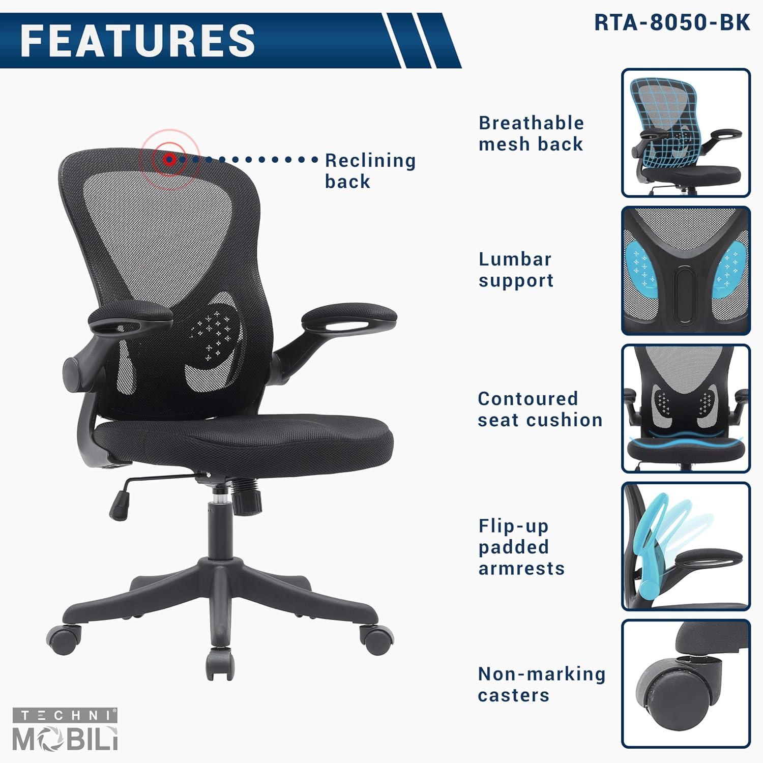 Techni Mobili Mesh Task Office Chair with Flip Up Arms Black - Techni Mobili: Ergonomic, Adjustable, Swivel, Nylon Frame