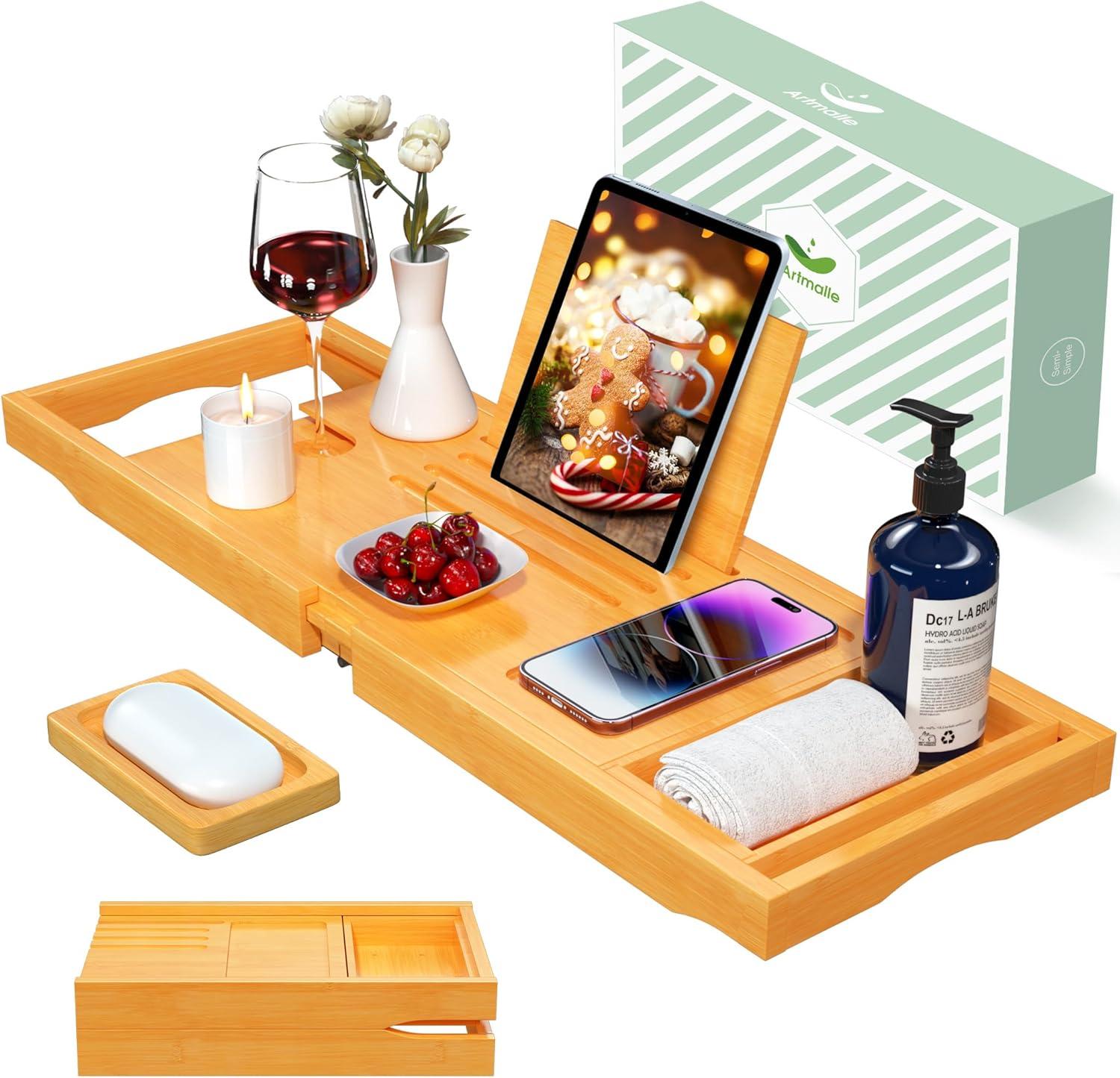 Premium Bathtub Caddy Tray,Expandable Bamboo Bath Tray for Tub,Foldable Minimalist Bathroom Accessories with Book Stand for Home Spa Relaxing,Unique House Warming Gifts,Natural