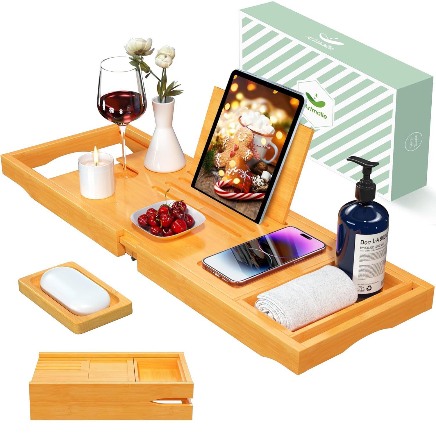 Artmalle Foldable Bathtub Tray for Tub, Bamboo Bathtub Caddy Tray Table with Book Stand for Luxury Bath, Bathroom Accessories for Women Men with Free Soap Dish (Semi-Simple, Natural) (Natural)