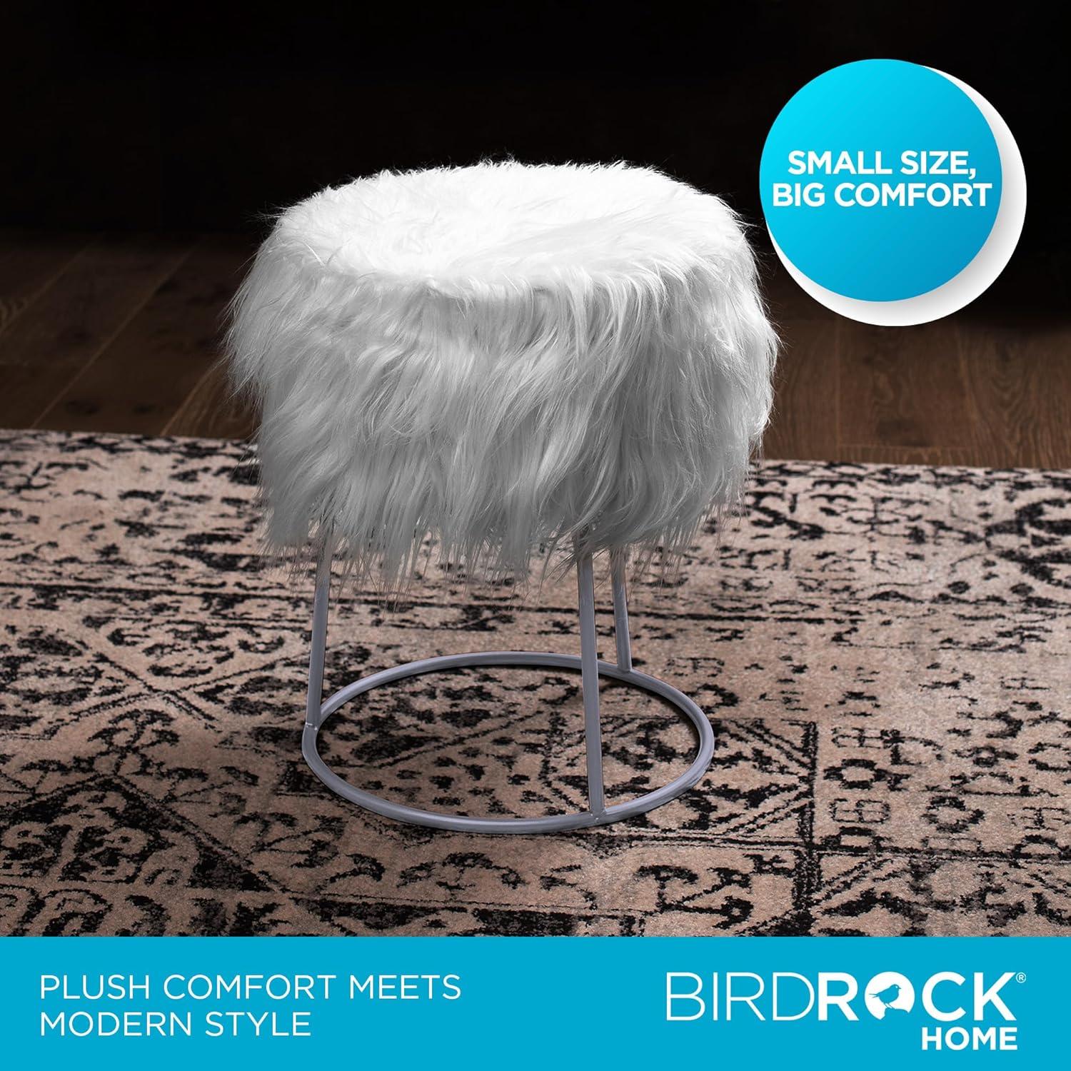 BirdRock Home Round White Faux Fur Foot Stool Storage Ottoman with Silver Legs