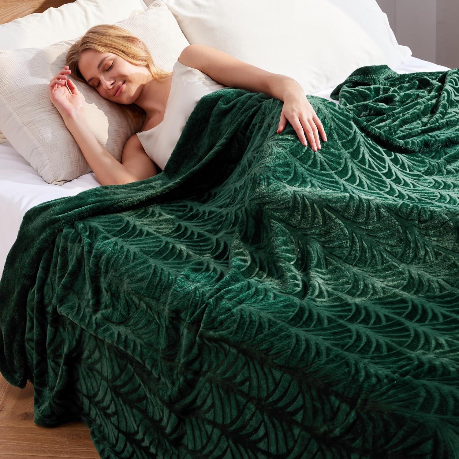Whale Flotilla Flannel Fleece Queen Size(90x90 Inch) Lightweight Bed Blanket, Soft Velvet Bedspread Plush Fluffy Coverlet Palm Leaf Design Decorative Blanket for All Seasons, Dark Green…