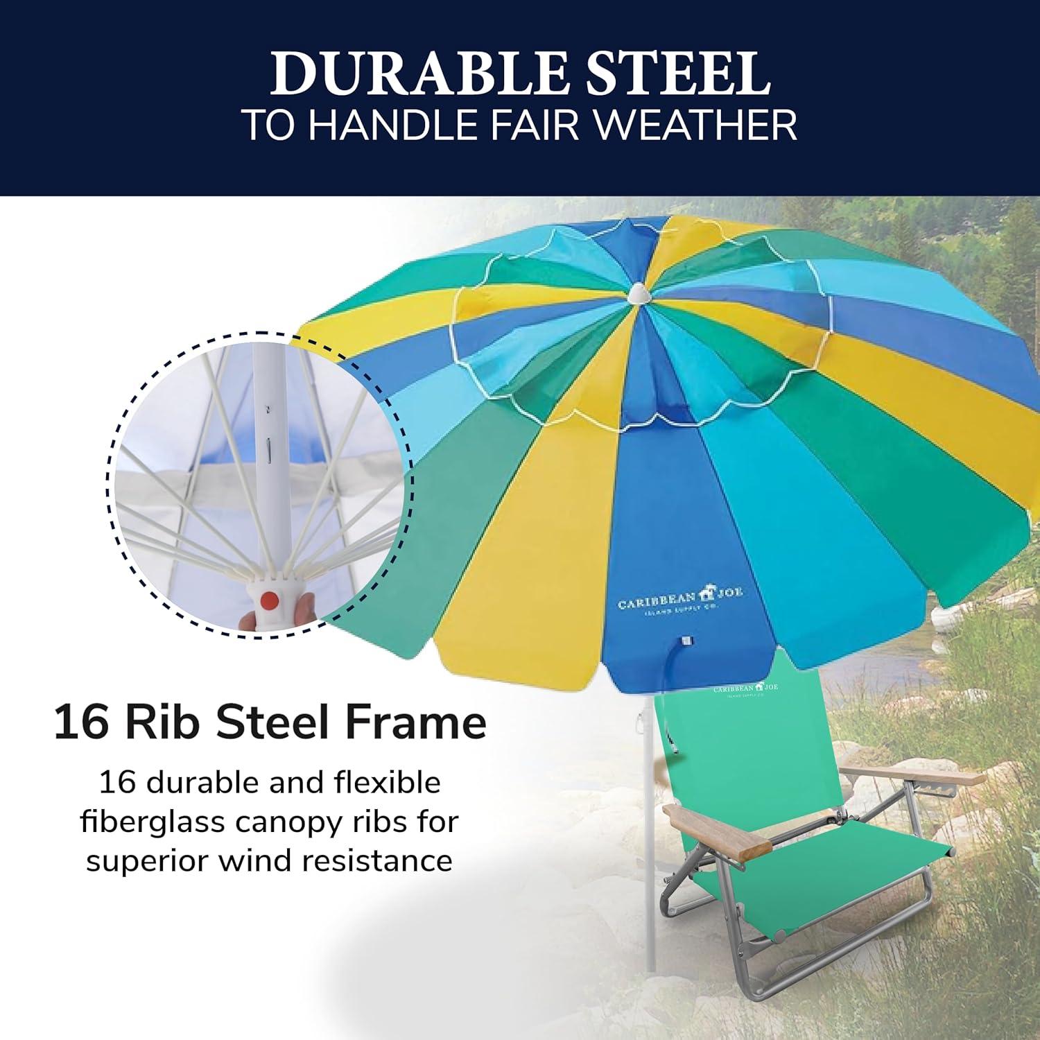 Caribbean Joe 8ft Beach Umbrella with UV Protection, Vented Canopy