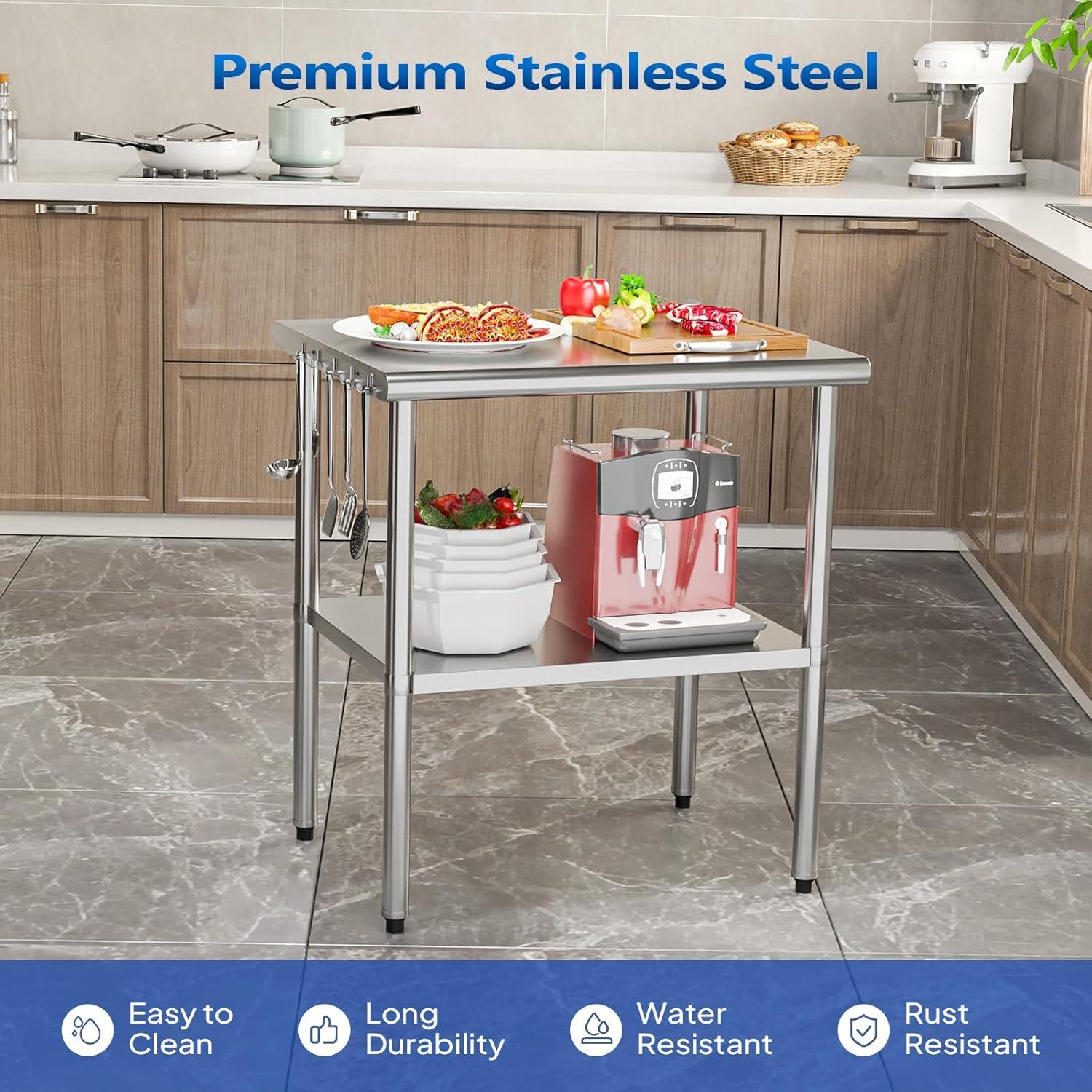 ROVSUN 36'' x 24'' Stainless Steel Table for Prep & Work, Metal Table with Undershelf for Kitchen Restaurant, Home