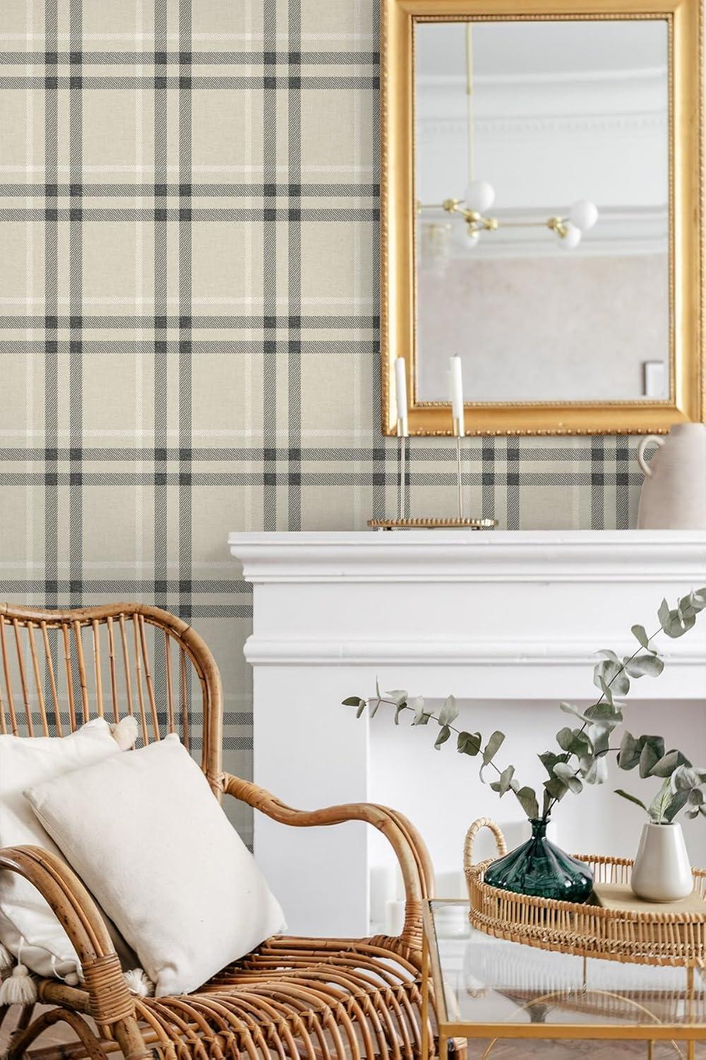 NextWall Linen & Ebony Calverlay Plaid Peel and Stick Wallpaper - 20.9 in. W. x 18 ft. L. Roll