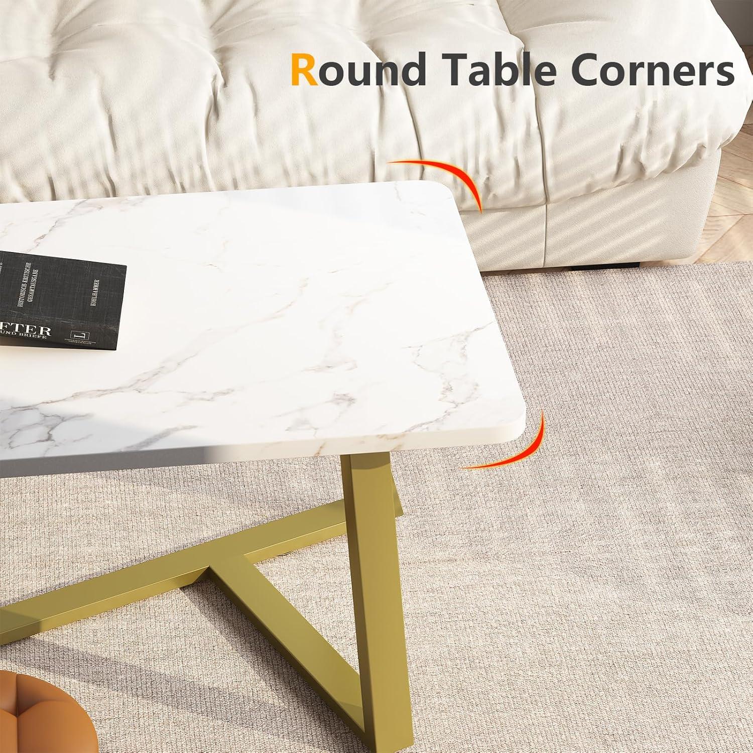 White Faux Marble Rectangular Coffee Table with Gold Metal Legs