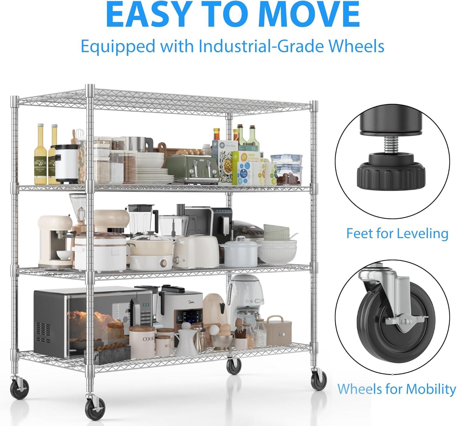 Homdox Heavy Duty Metal Shelves for Storage, 4 Tier Storage Racks and Shelving, Commercial Adjustable Wire Shelving Unit on Wheels, Garage Rack Pantry Shelves Kitchen Shelving, 24"x48"x72", Chrome
