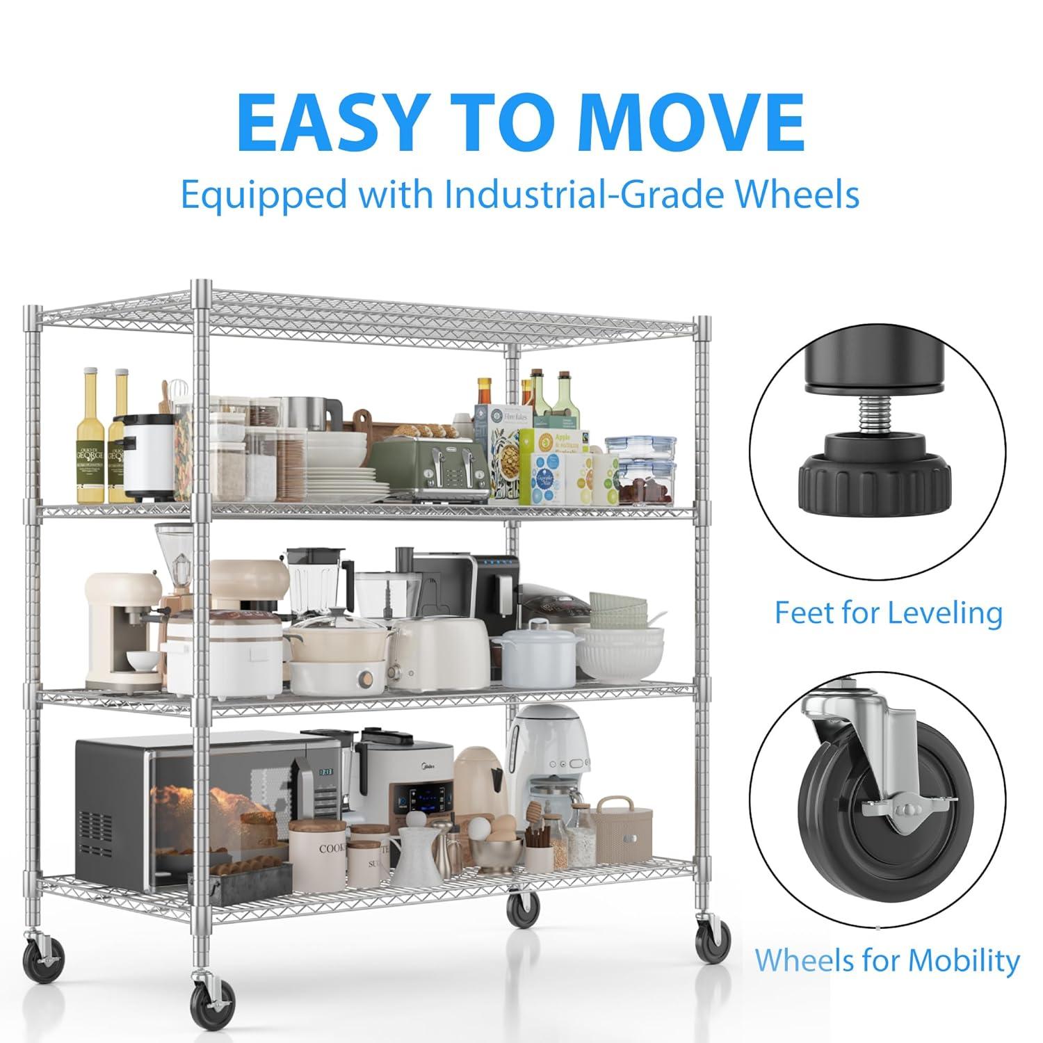 Homdox Heavy Duty Metal Shelves for Storage, 4 Tier Storage Racks and Shelving, Commercial Adjustable Wire Shelving Unit on Wheels, Garage Rack Pantry Shelves Kitchen Shelving, 24"x48"x72", Chrome