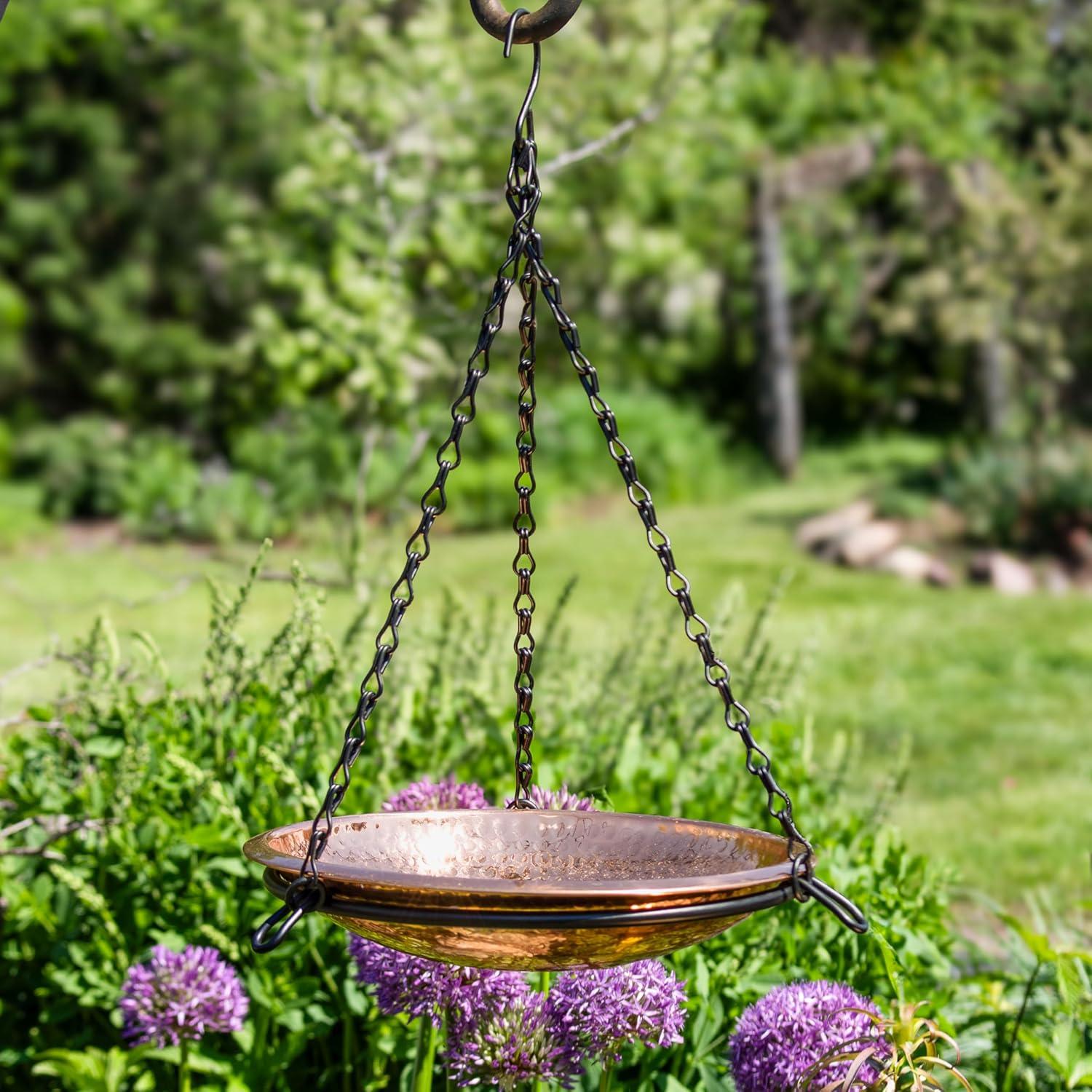 Sunnydaze Outdoor Hand-Hammered Hanging Bird Bath or Bird Feeder with Detachable Bowl and Hanging Chain - Copper - 17.5"