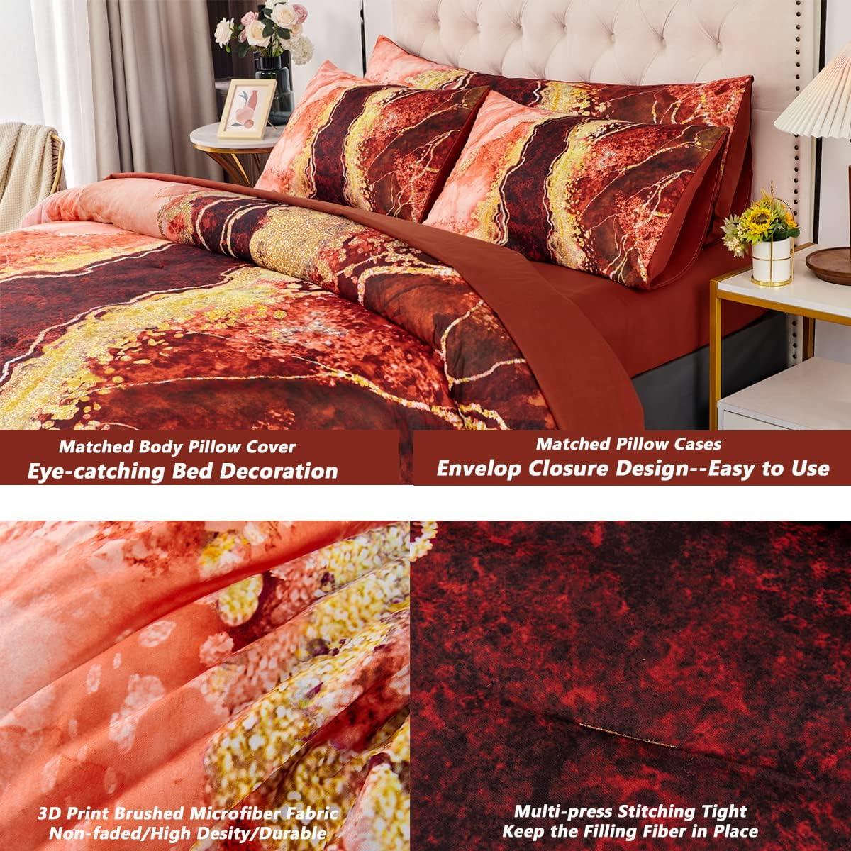 DANTUL 6 Pcs Orange Marble Printed Comforter With Sheet Sets Aesthetic Artwork Design Watercolor Bed In A Bag For All Season(Orange, King)
