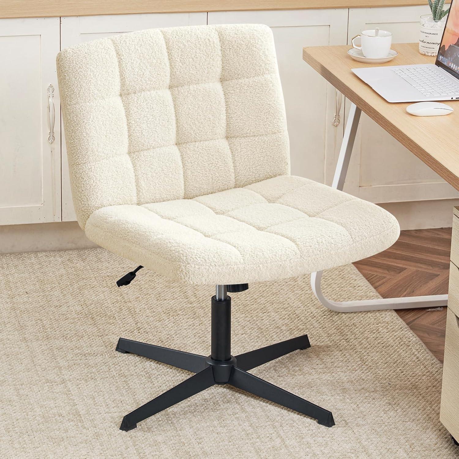 Furniliving Armless Office Desk Chair No Wheels Swivel Cross Legged Office Chair Ergonomic Computer Task Chair, Ivory white