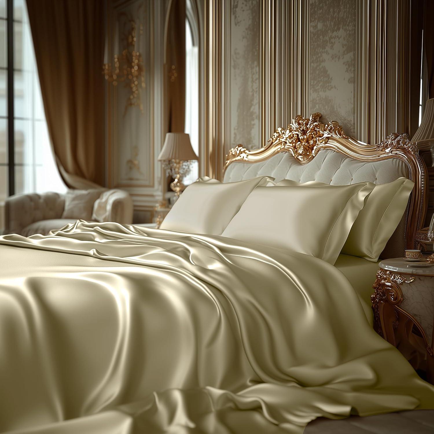 Degrees of Comfort Champagne Satin Sheet Set for Queen Size Bed – 6 Piece Silky and Soft Sheets with 14 Inches Deep Pocket