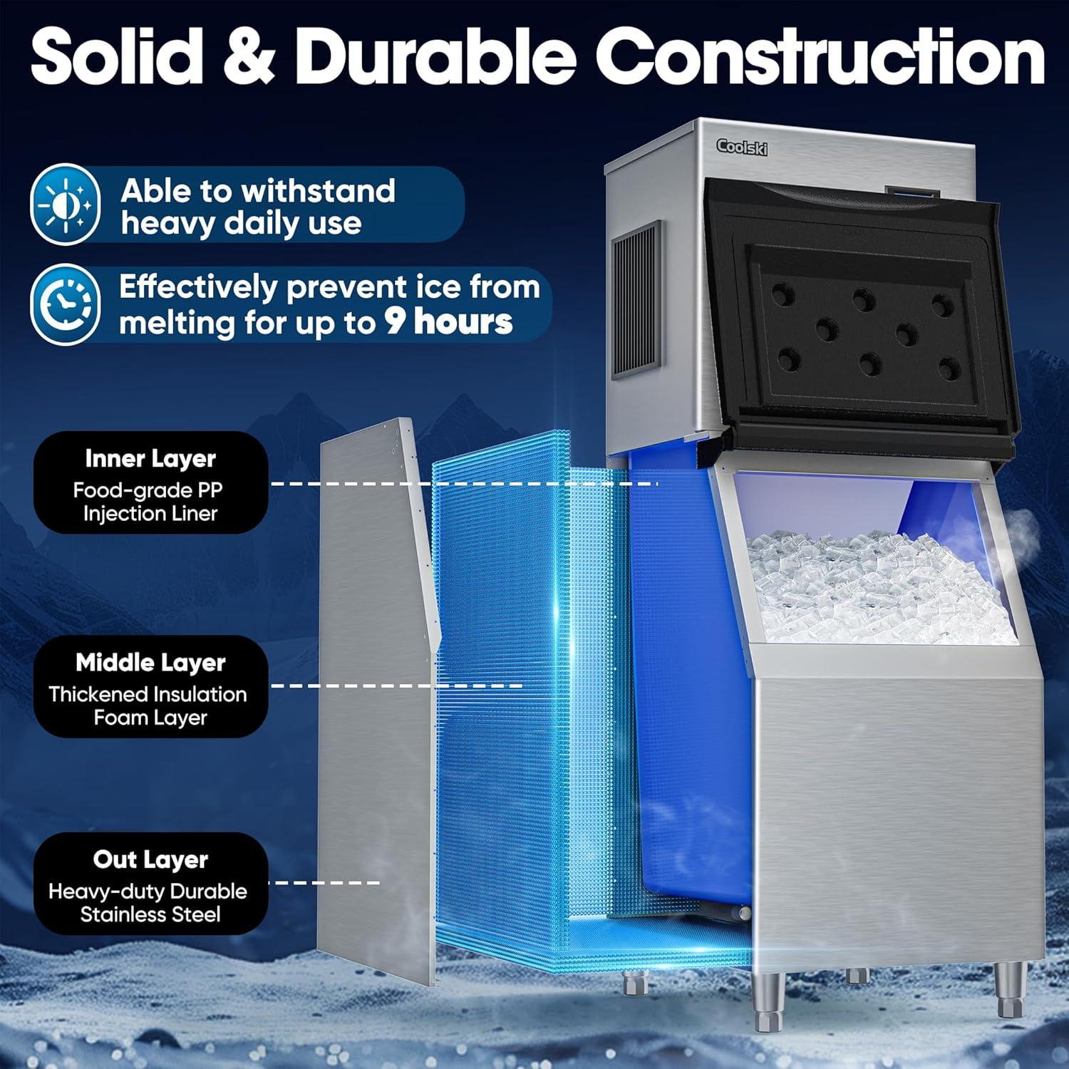 Coolski Coolski Commercial Ice Machine 350 lb. Daily Production Clear Cube Ice, Freestanding Ice Maker For restaurants Bars Hotels, Stainless Steel