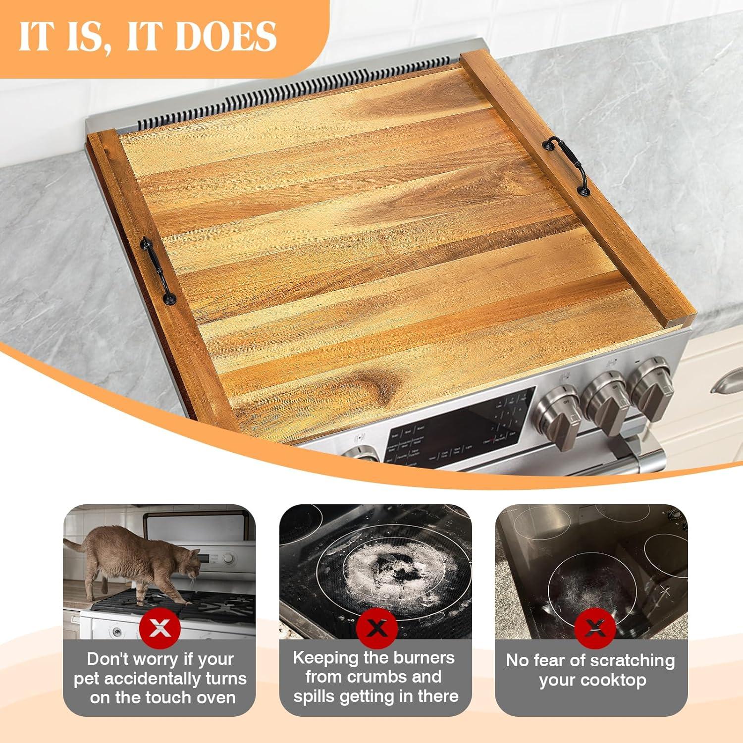 Stove Top Covers for Electric Stove with Handles 30”x22” (Outer) / 28.9”x20.8” (Inner) - Acacia Wood Noodle Board for Gas Stovetop - Stove Top Covers for Gas Burners (Acacia, 30"L x 22"W)