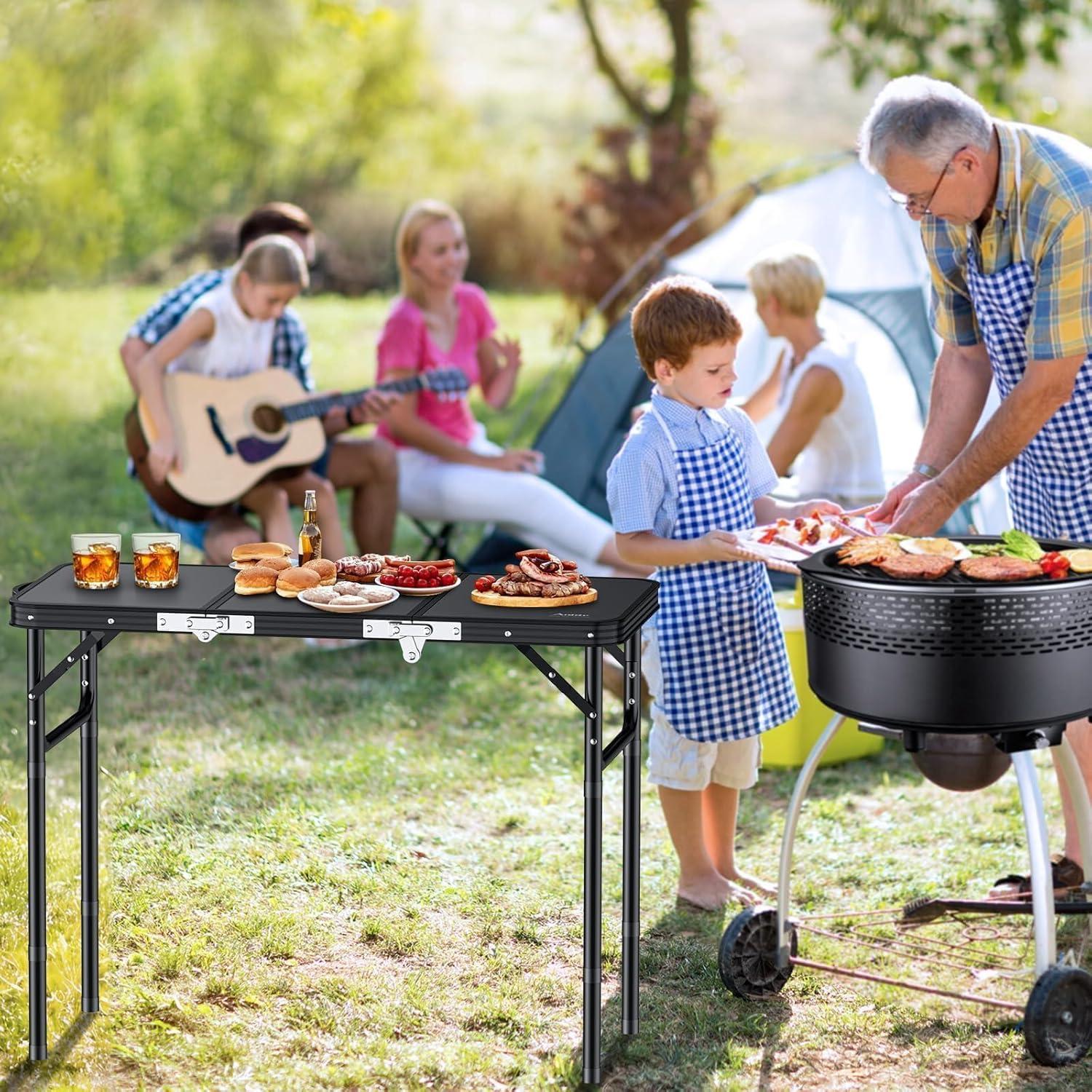 Black Aluminum Folding Camping Table with Adjustable Heights and Storage Net