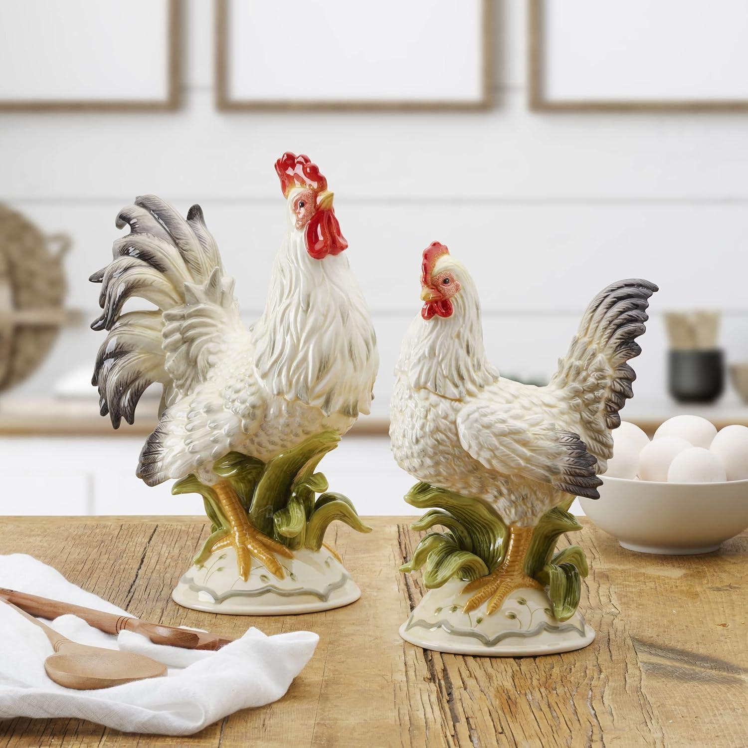 Hand-Painted Ceramic Rooster & Hen Figurine Set