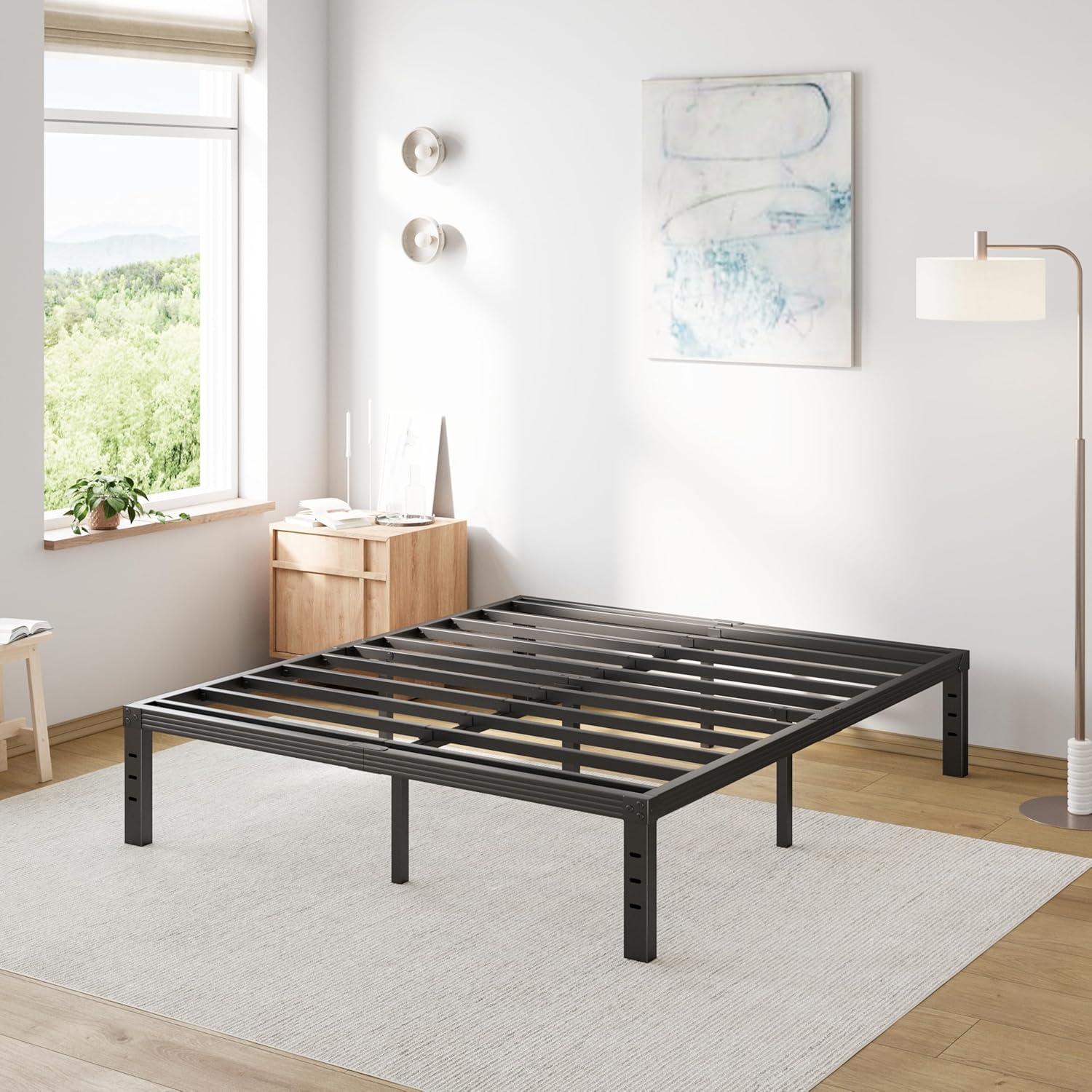 Full Size Black Steel Platform Bed Frame with Storage